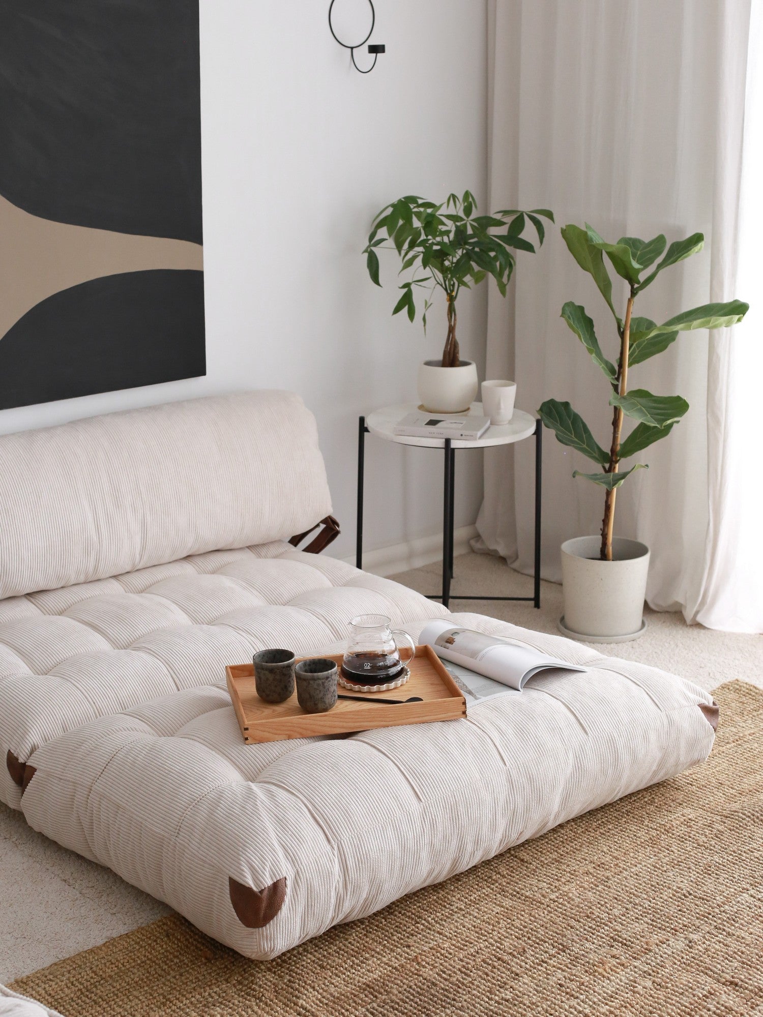 Sofá-cama elegante de 2 lugares, veludo cotelê branco, 120 x 75 x 79 cm | 100% poliéster, altura confortável de 24 cm, transforma-se em cama de 150 cm | Perfeito para espaços de convivência modernos