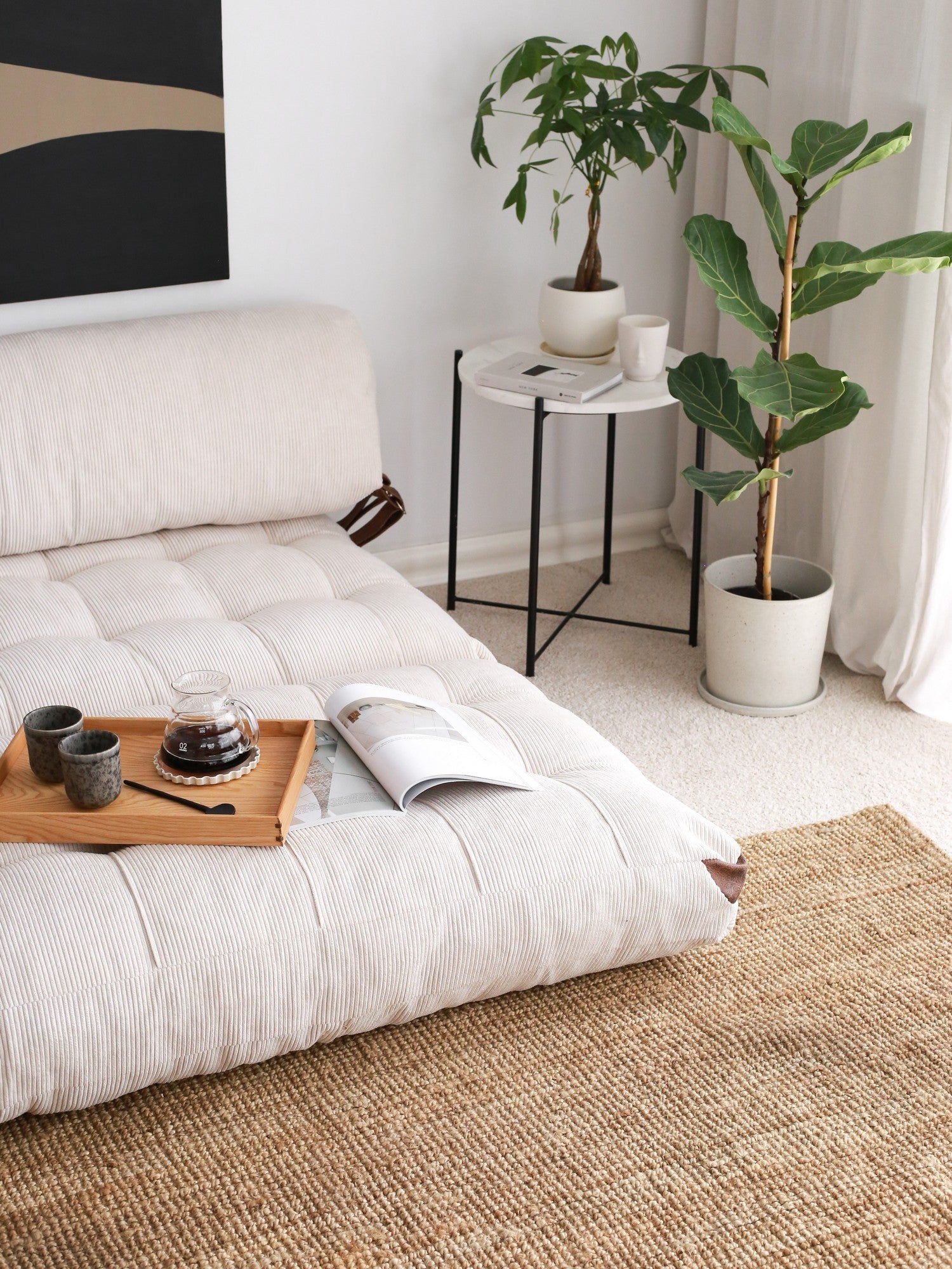 Sofá-cama elegante de 2 lugares, veludo cotelê branco, 120 x 75 x 79 cm | 100% poliéster, altura confortável de 24 cm, transforma-se em cama de 150 cm | Perfeito para espaços de convivência modernos