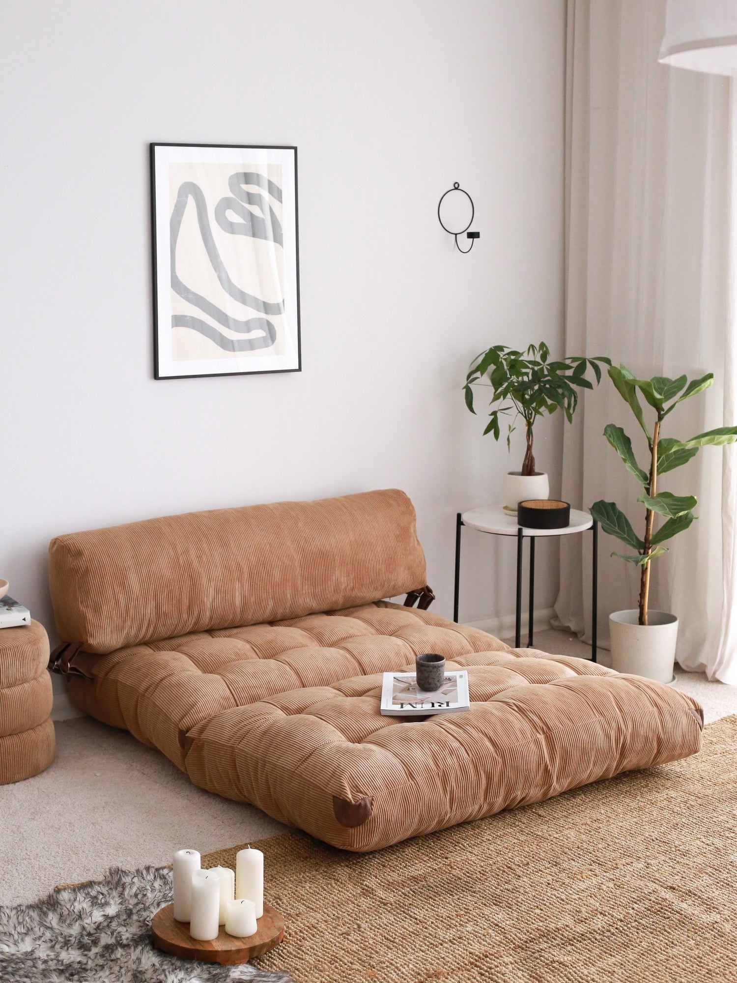 Sofá-cama elegante de 2 lugares, veludo cotelê camelo, 120 x 75 x 79 cm | 100% poliéster, altura confortável para sentar: 24 cm, transforma-se em cama de 150 cm