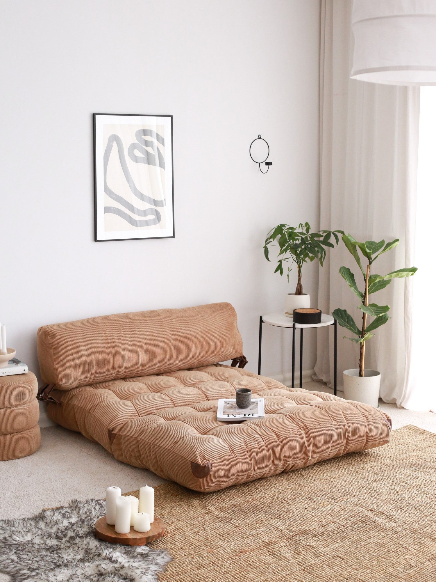 Sofá-cama elegante de 2 lugares, veludo cotelê camelo, 120 x 75 x 79 cm | 100% poliéster, altura confortável para sentar: 24 cm, transforma-se em cama de 150 cm