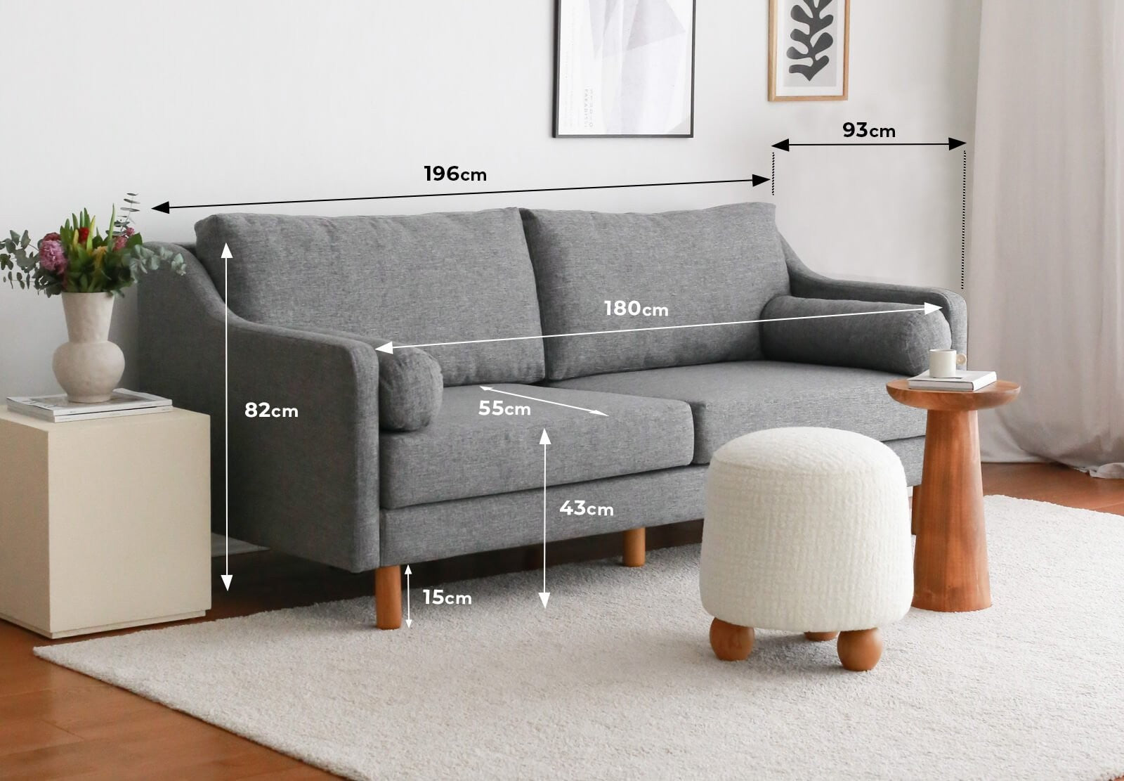 Sofá elegante de 3 lugares, linho cinza, 196 x 82 x 93 cm | Estrutura 100% madeira de carpa, pernas de madeira | Design confortável e elegante para salas de estar modernas