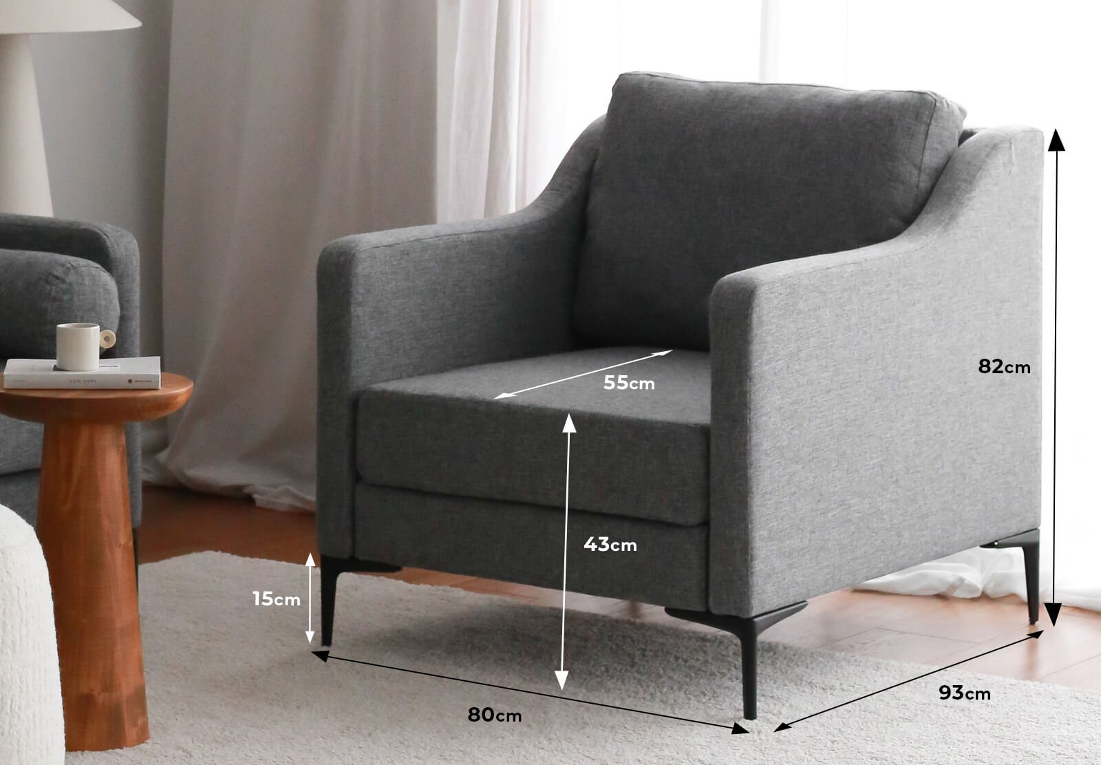 Poltrona Elegante, Linho Cinza, 80 x 93 x 82 cm | Estrutura 100% Madeira de Carpa, Pernas de Metal | Perfeita para Sala de Estar e Escritório, Conforto e Estilo