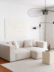 Sofá de canto branco elegante, 222 cm de largura, 100% veludo, estrutura 100% madeira de carpa, 89 cm de altura, 110 cm de profundidade | Elegante e confortável para espaços de convivência modernos
