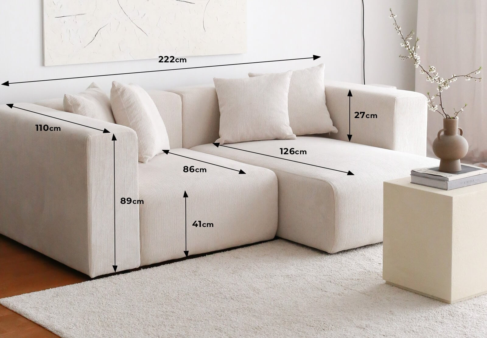 Sofá de canto branco elegante, 222 cm de largura, 100% veludo, estrutura 100% madeira de carpa, 89 cm de altura, 110 cm de profundidade | Elegante e confortável para espaços de convivência modernos