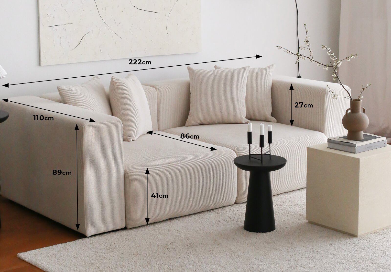 Sofá elegante de 3 lugares, veludo branco, 222 x 110 x 89 cm | Estrutura 100% madeira de carpa, pernas de plástico | Conforto e estilo para salas de estar modernas