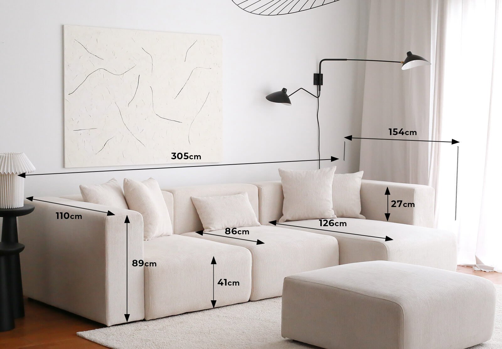 Sofá de canto branco elegante, 305 cm | Tecido 100% veludo, estrutura de madeira de carpa, pernas de plástico | Perfeito para salas de estar modernas, design elegante e confortável
