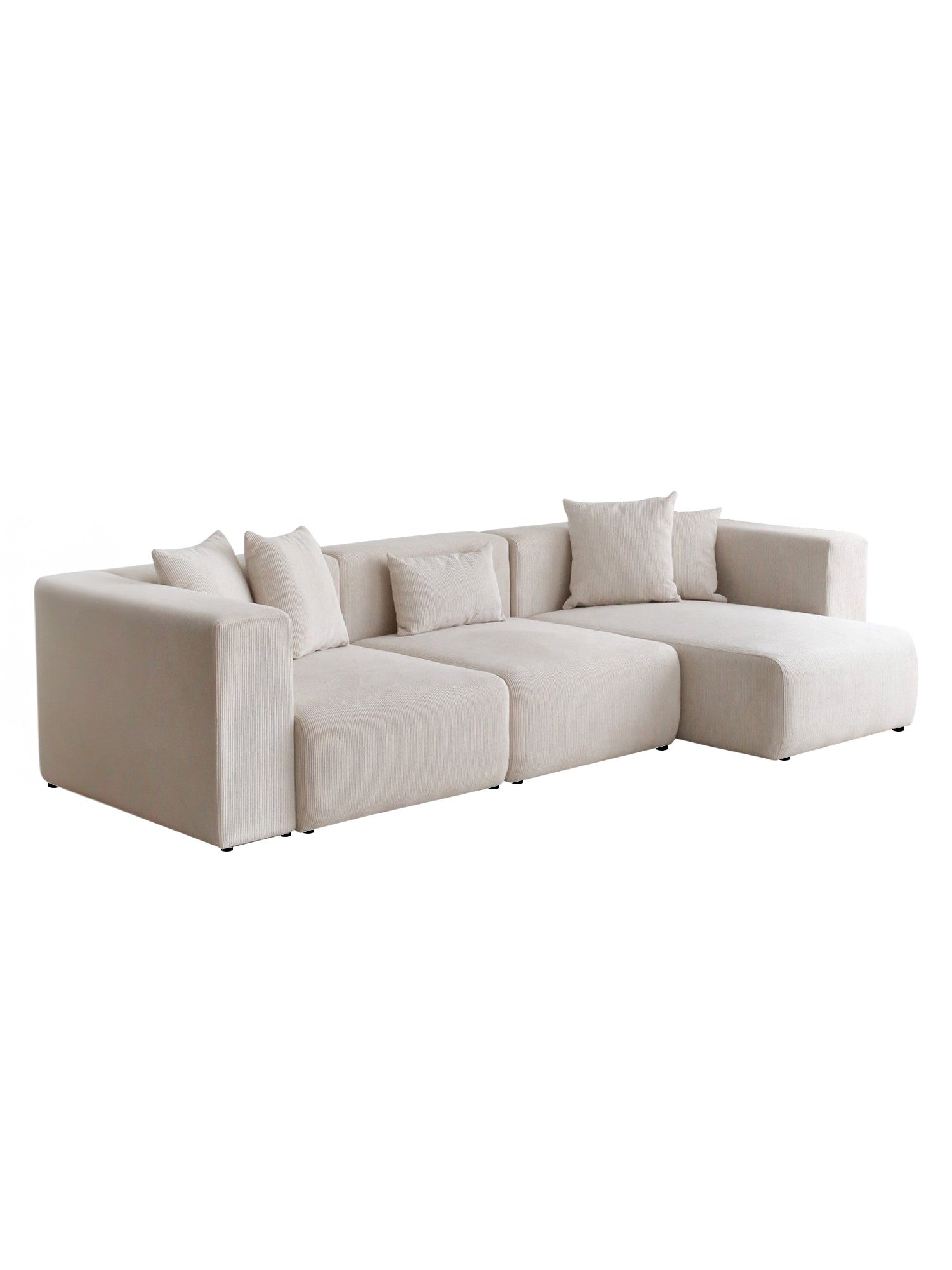 Sofá de canto branco elegante, 305 cm | Tecido 100% veludo, estrutura de madeira de carpa, pernas de plástico | Perfeito para salas de estar modernas, design elegante e confortável