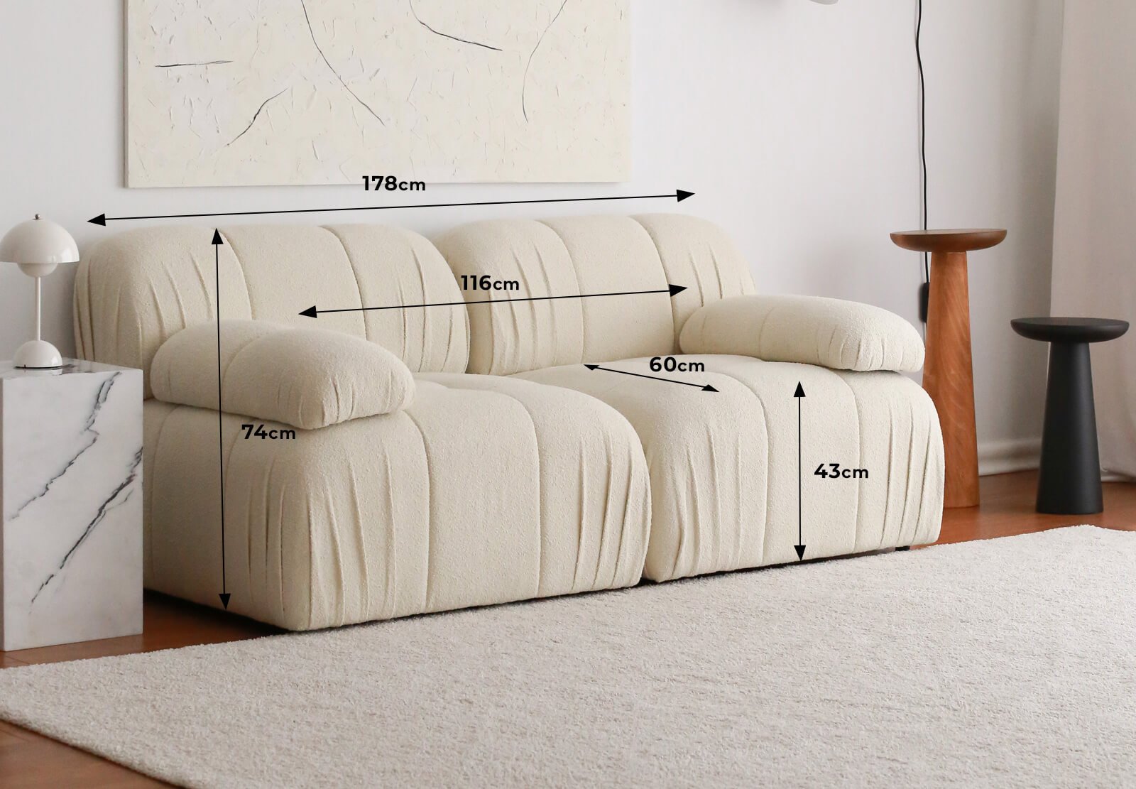 Sofá elegante de 2 lugares, branco, 178 x 74 x 89 cm | Estrutura 100% madeira de carpa, tecido 100% pelúcia, pernas de plástico | Perfeito para salas de estar modernas e espaços aconchegantes