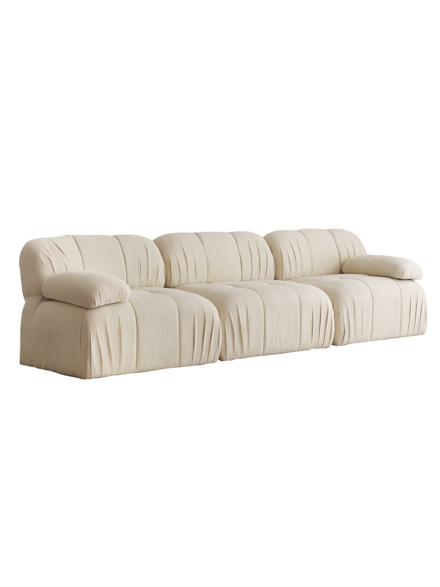 Sofá elegante de 3 lugares, branco, 267 cm | Estrutura 100% madeira de carpa, tecido 100% pelúcia | Design confortável com pernas de plástico, perfeito para espaços modernos
