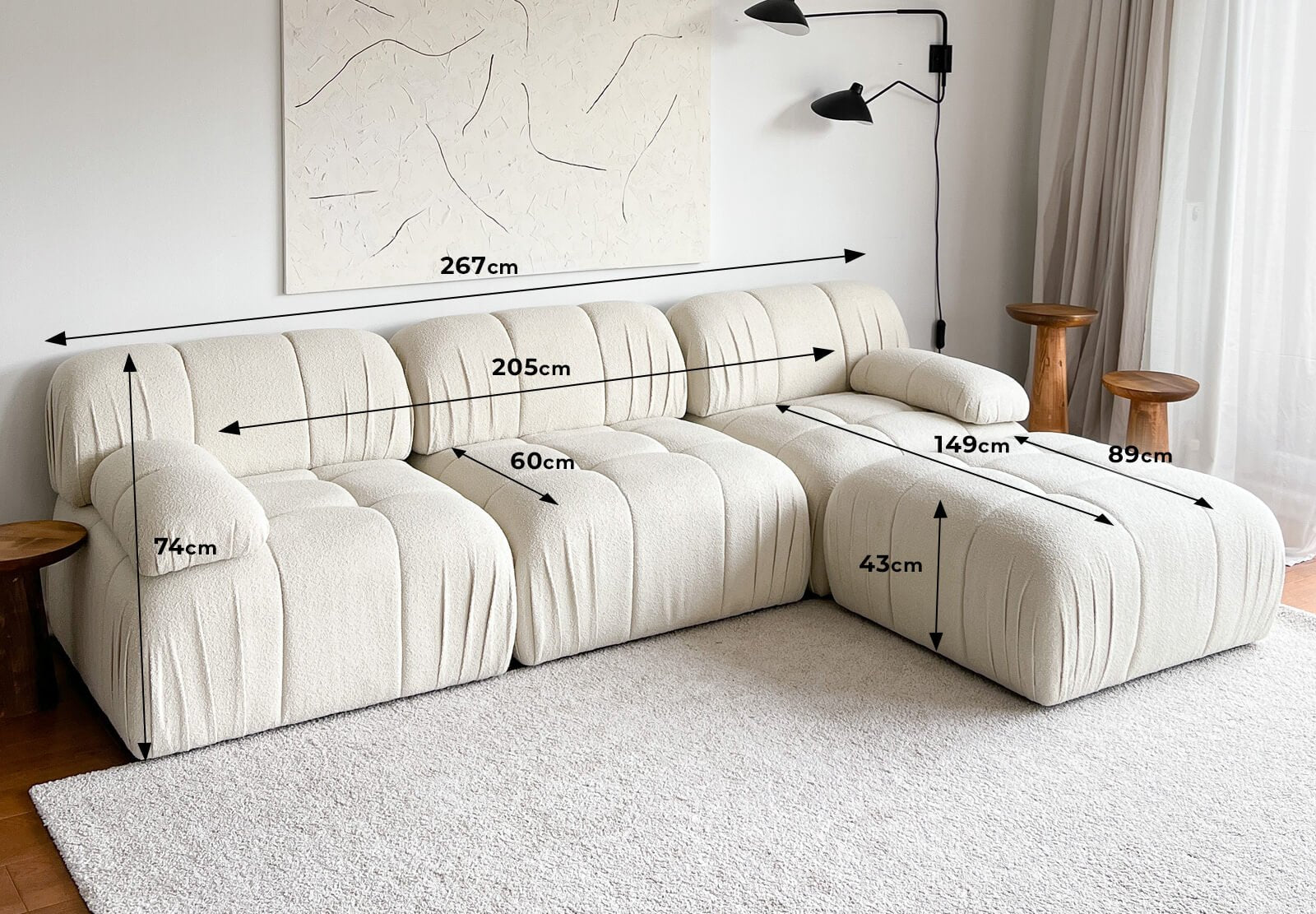 Sofá de canto branco elegante, 267 cm x 149 cm x 74 cm | Estrutura 100% madeira de carpa, tecido 100% pelúcia, pernas de plástico | Elegante e confortável para espaços de vida modernos