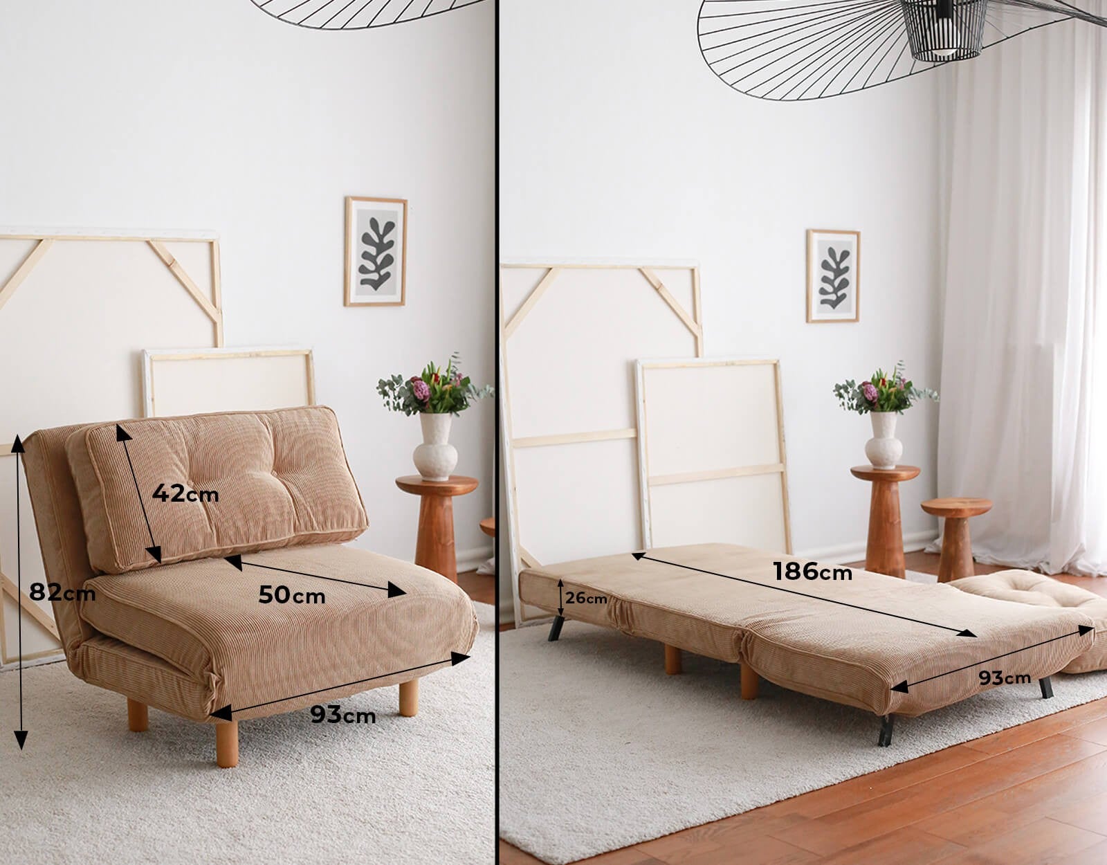 Sofá-cama versátil de 1 lugar, tecido marrom, 93 x 90 x 82 cm | 100% TEDDY, extensível até 186 cm | Perfeito para espaços pequenos, design elegante e confortável