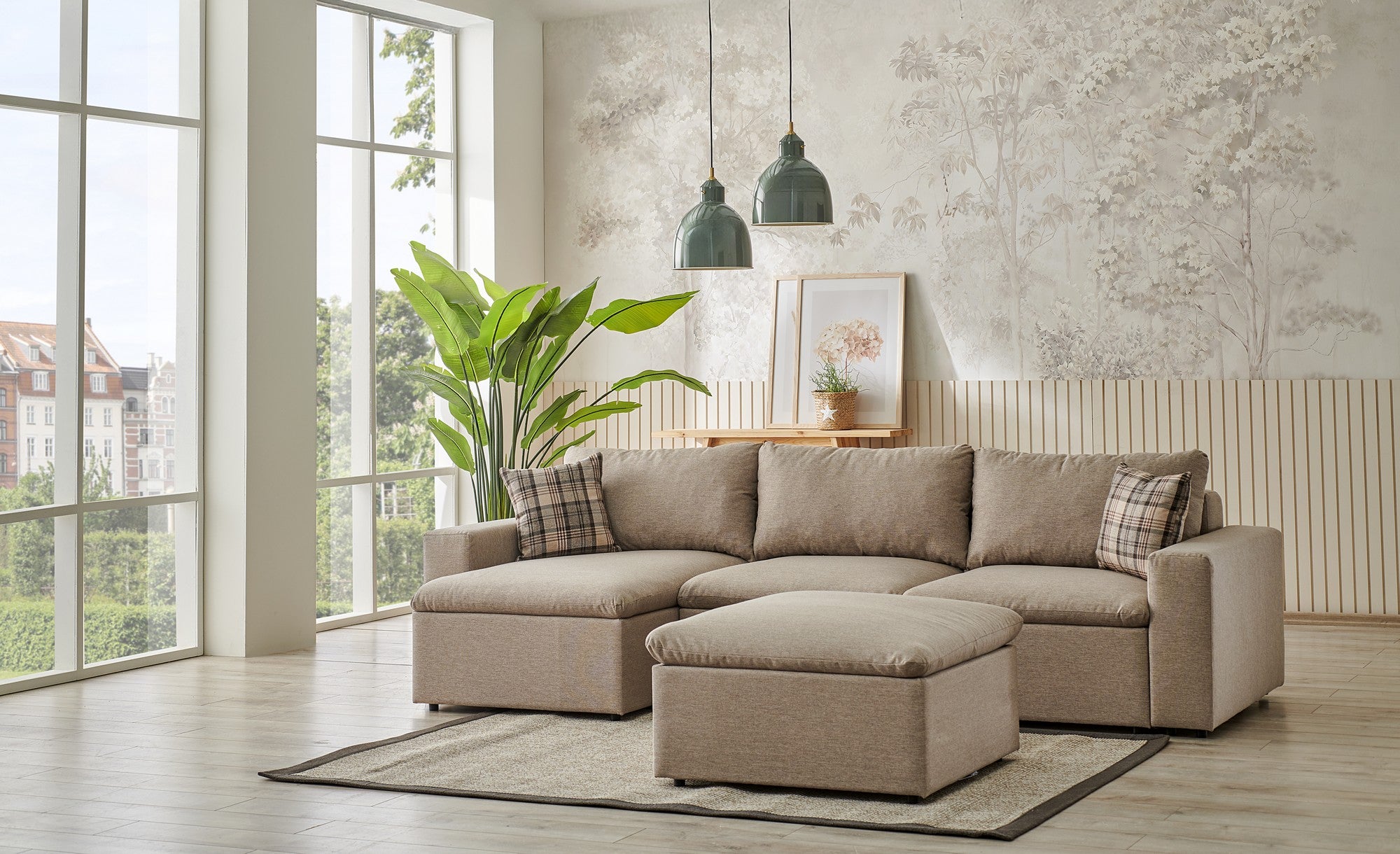 Sofá de canto elegante em tom creme, 145 cm de largura, 290 cm de altura, 67 cm de profundidade | Estrutura 100% em madeira, luxuoso veludo PES, espuma macia e acolchoamento de penas | Perfeito para salas de estar modernas