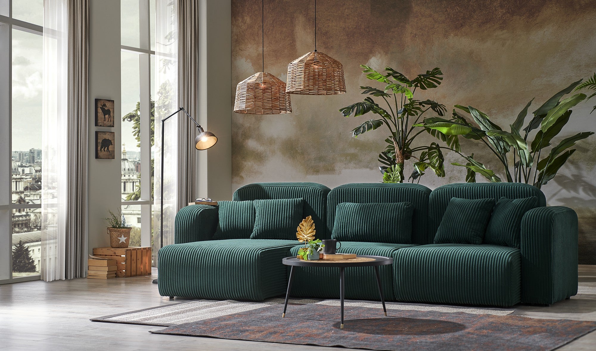 Sofá de canto elegante verde, 135 cm de largura, 298 cm de altura, 83 cm de profundidade | Estrutura 100% madeira, luxuoso veludo PES, espuma macia e acolchoamento de penas | Perfeito para salas de estar modernas