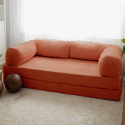 Sofá-cama elegante de 3 lugares, veludo vermelho, 100 x 70 x 200 cm | Almofadas macias de espuma e penas, inclui 2 travesseiros | Perfeito para espaços modernos