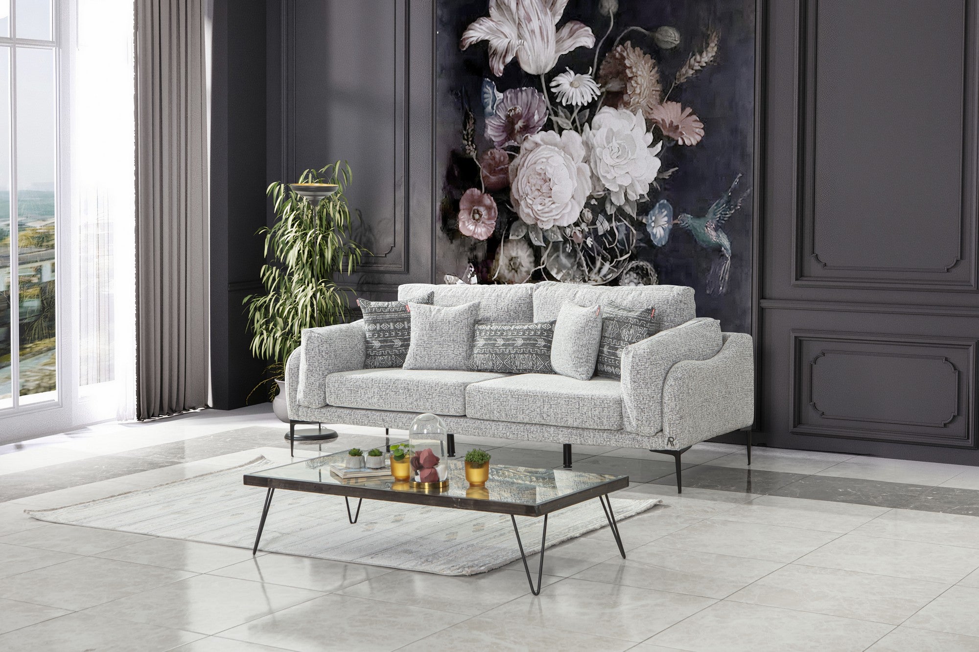 Sofá luxuoso de 3 lugares, tecido de veludo cinza, 232 x 100 x 88 cm | Almofadas macias de espuma e penas, pernas de metal, inclui 5 almofadas | Perfeito para salas de estar modernas