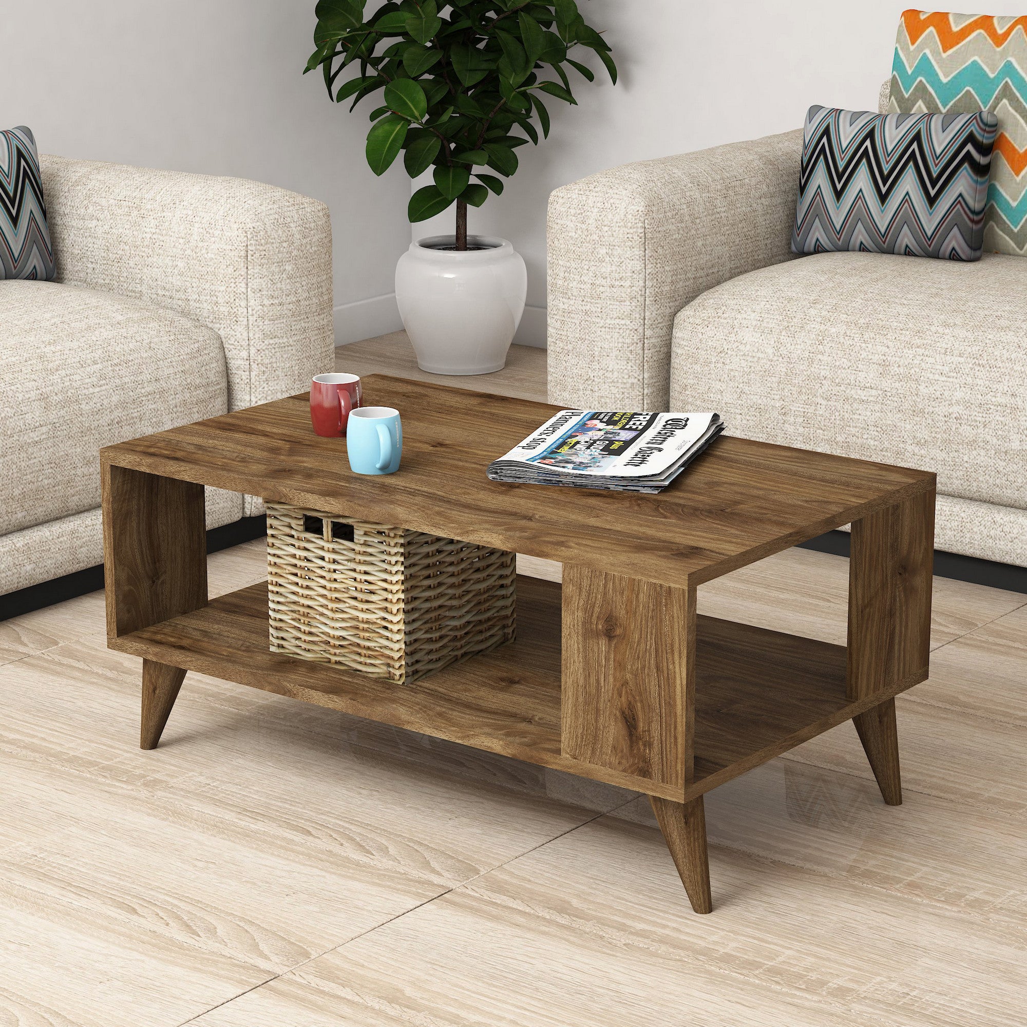Mesa de Centro Elegante de 2 Andares, Cor Nogueira, 90 x 54 x 41,6 cm | Painel de Partículas 100% Revestido com Melamina, 18 mm de Espessura | Fixável na Parede, Design Boêmio