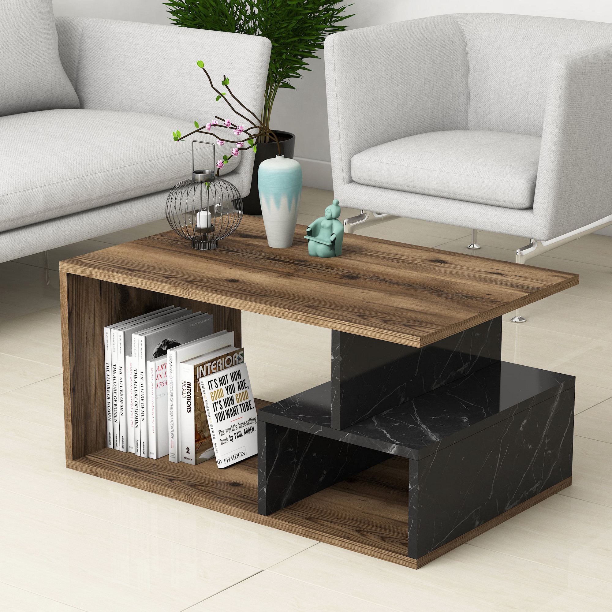 Mesa de centro elegante com opção de montagem na parede, nogueira escura e mármore preto, 90 x 54 x 42 cm | 100% revestida em melamina, 18 mm de espessura | Design boêmio moderno