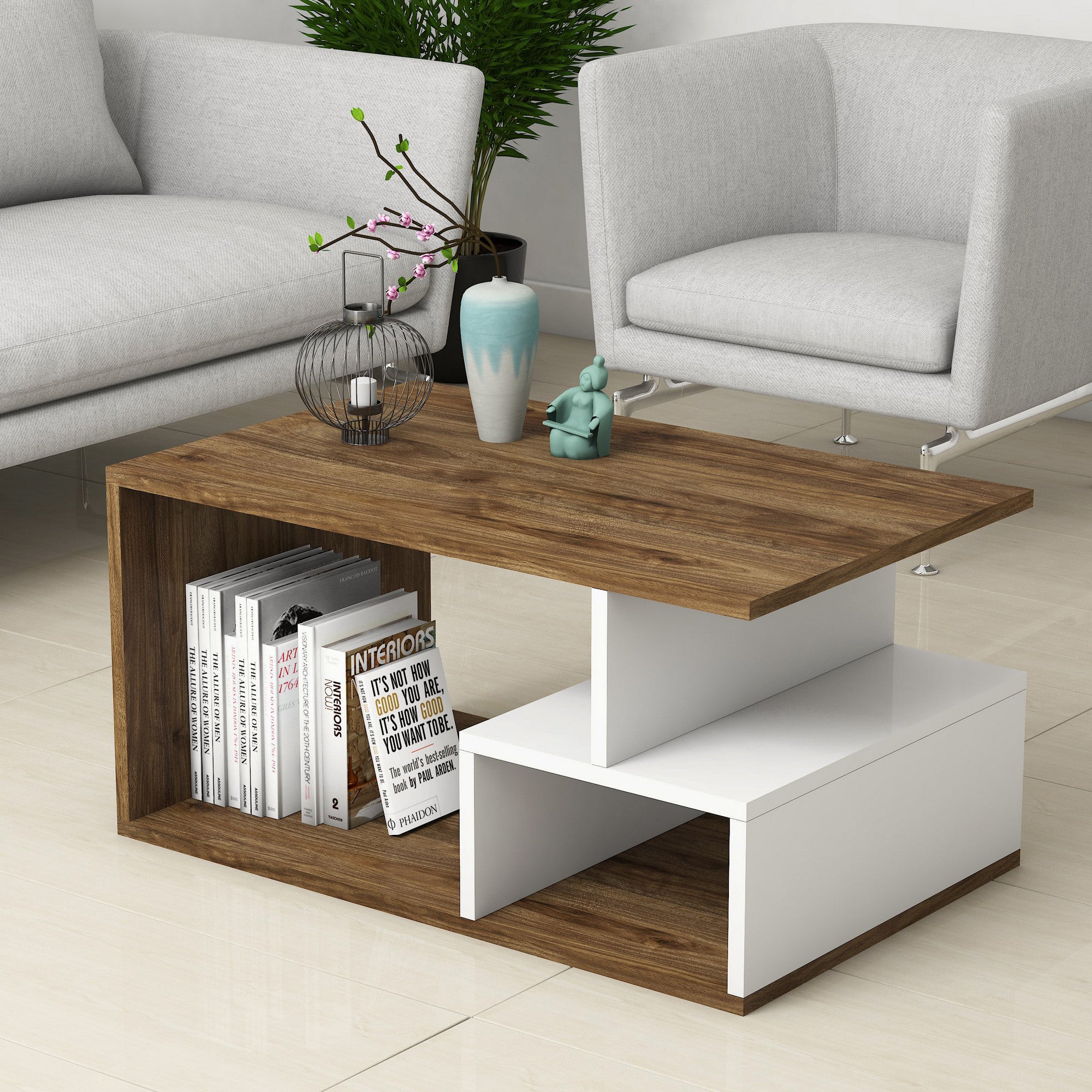 Mesa de centro elegante com opção de montagem na parede, nogueira escura e branca, 90 x 42 x 54 cm | 100% revestida em melamina, 18 mm de espessura | Design boêmio e prateleiras amplas