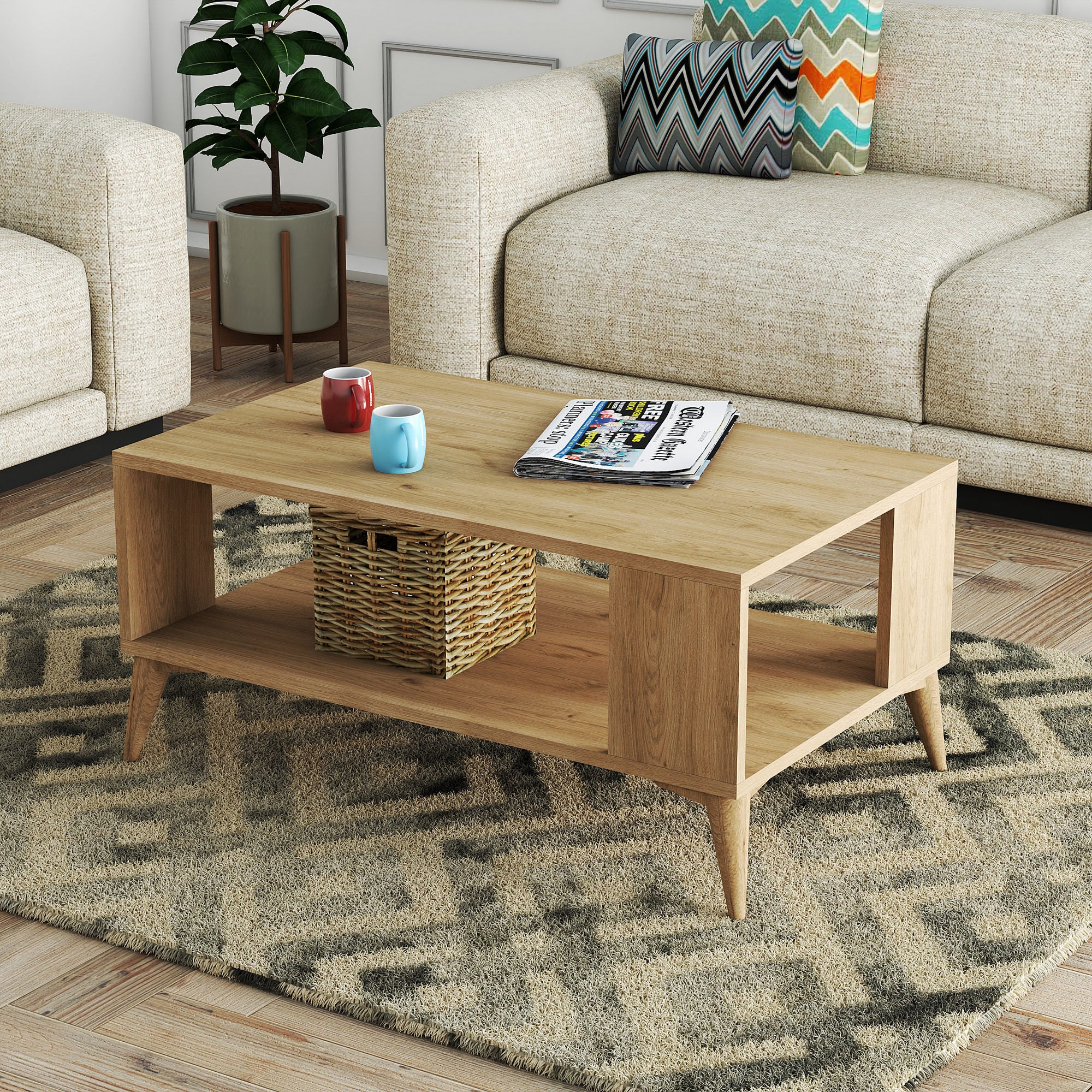 Mesa de Centro Elegante de 2 Andares, Cor Carvalho, 90 x 54 x 41,6 cm | Painel de Partículas 100% Revestido com Melamina, 18 mm de Espessura | Fixável na Parede, Design Boêmio, Funcional e Elegante