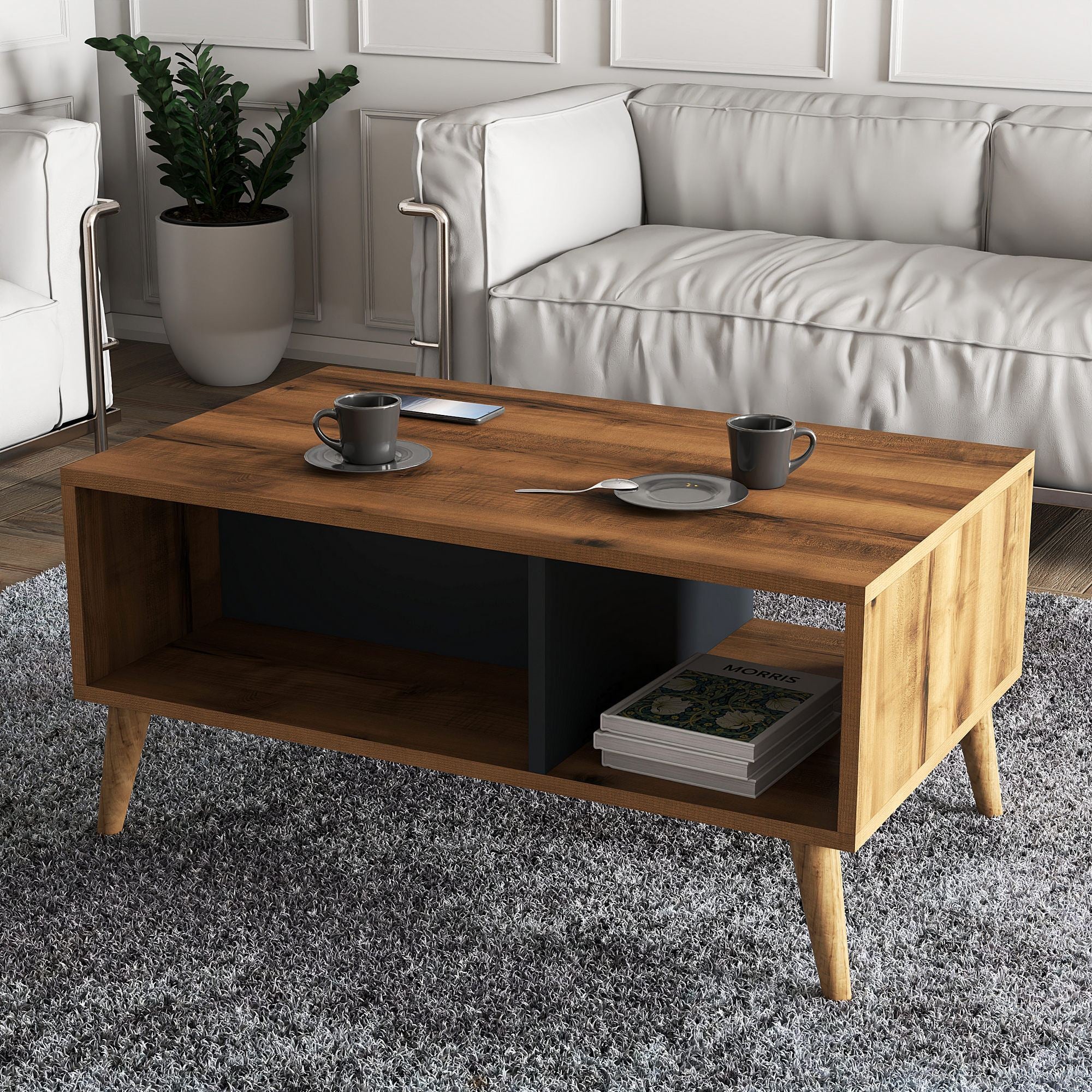 Mesa de centro elegante de 2 andares, nogueira e antracite, 90 x 54 x 41,6 cm | 100% revestida em melamina, pernas de madeira | Fixável na parede, design boêmio, funcional e chique