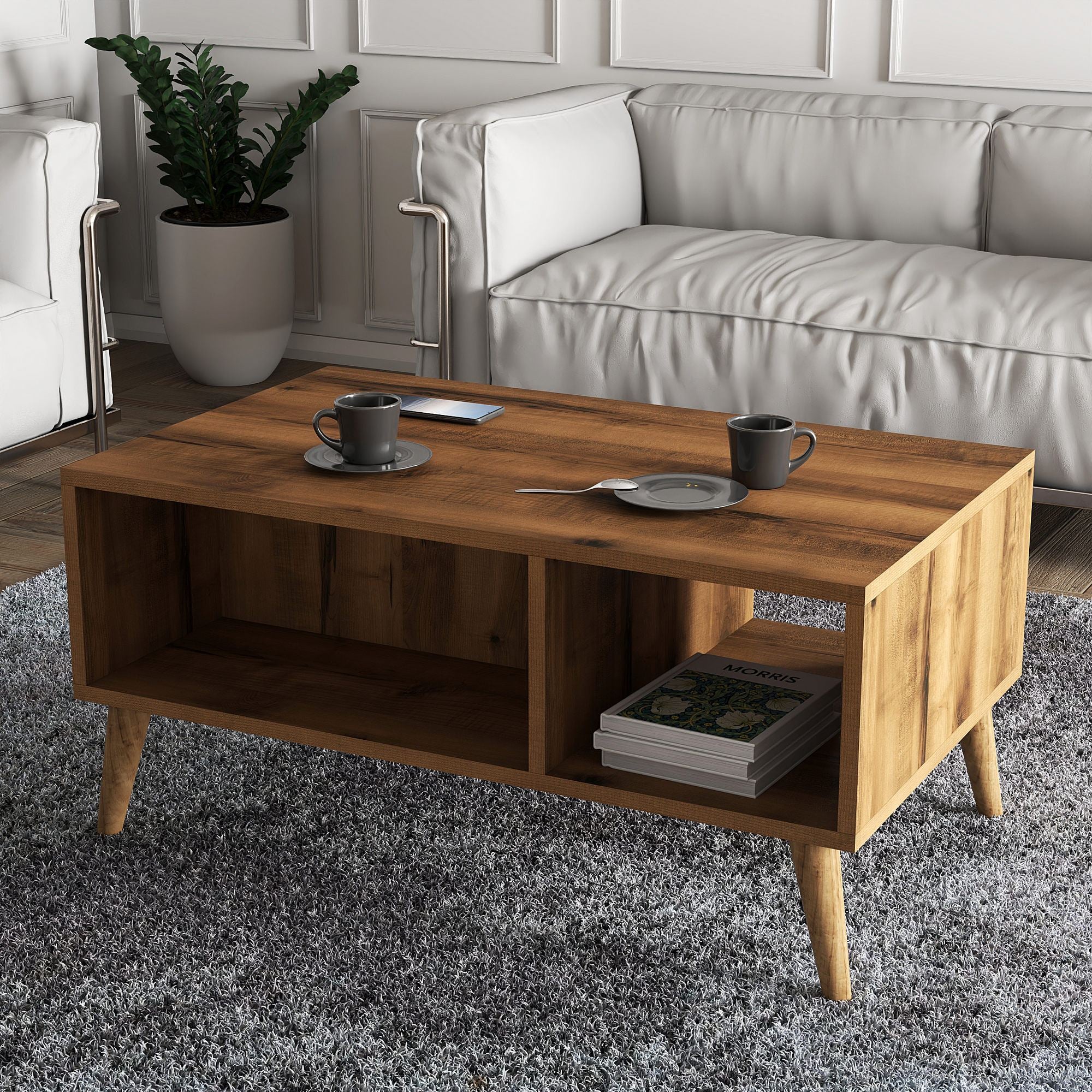 Mesa de Centro Elegante de 2 Andares, Cor Nogueira, 90 x 54 x 41,6 cm | Painel de Partículas 100% Revestido com Melamina, Pernas de Madeira | Design Boêmio, Fixável na Parede, Prateleiras Funcionais