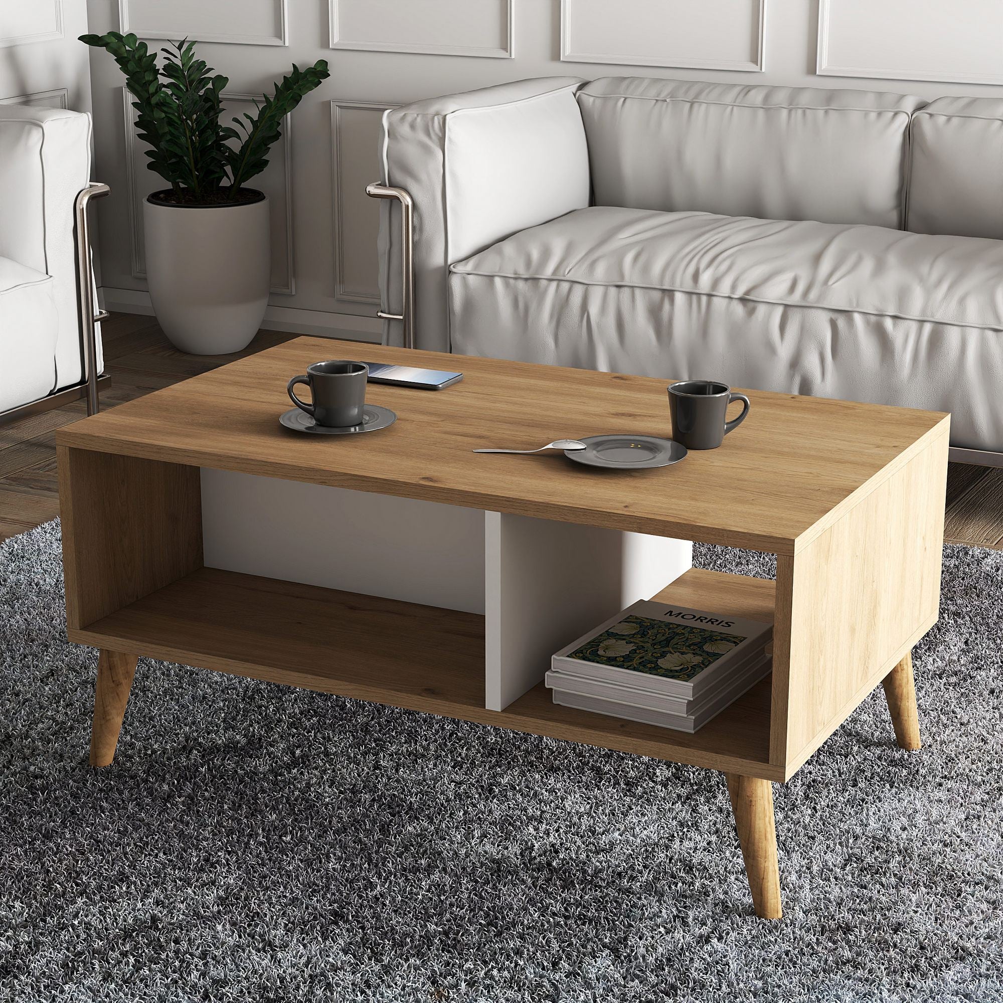 Mesa de Centro Elegante de 2 Andares, Carvalho e Branco, 90 x 54 x 41,6 cm | Revestimento 100% Melamina, Pernas de Madeira | Fixável na Parede, Design Boêmio para uma Vida Moderna