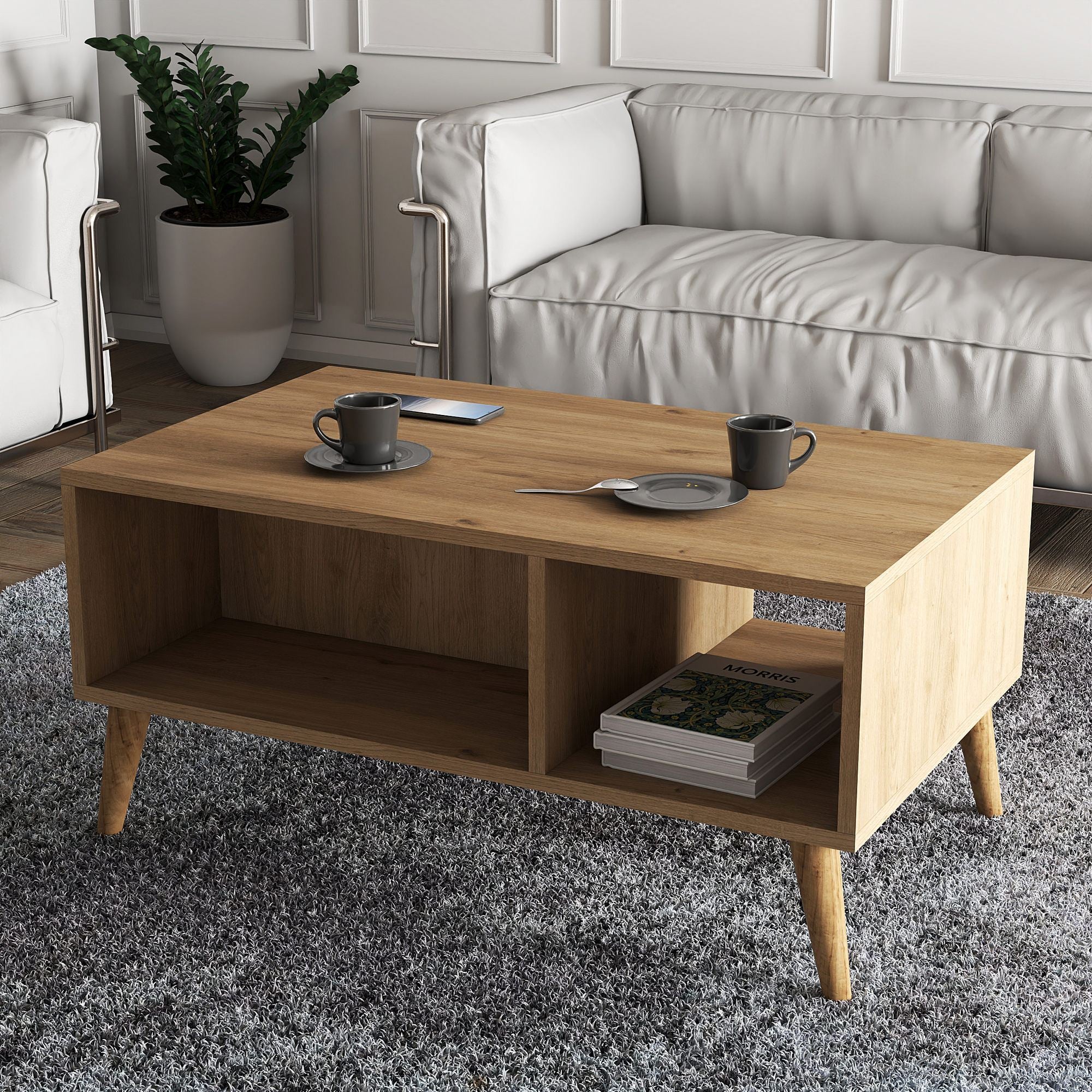 Mesa de Centro Elegante de 2 Andares, Cor Carvalho, 90 x 54 x 41,6 cm | Painel de Partículas 100% Revestido com Melamina, Pernas de Madeira | Design Boêmio, Fixável na Parede, Prateleiras Funcionais