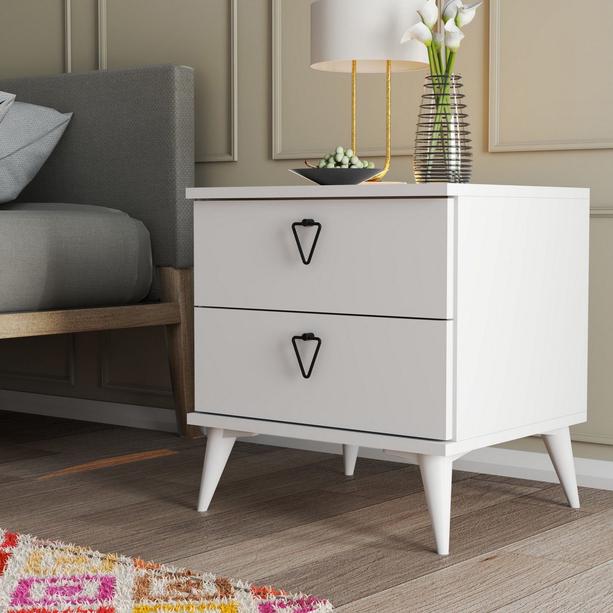 Mesa de Cabeceira Elegante Bohemian, Branca, 52 x 55,1 x 45 cm | Painel de Partículas 100% Revestido em Melamina, 2 Gavetas, Montável na Parede, Design Elegante e Funcional