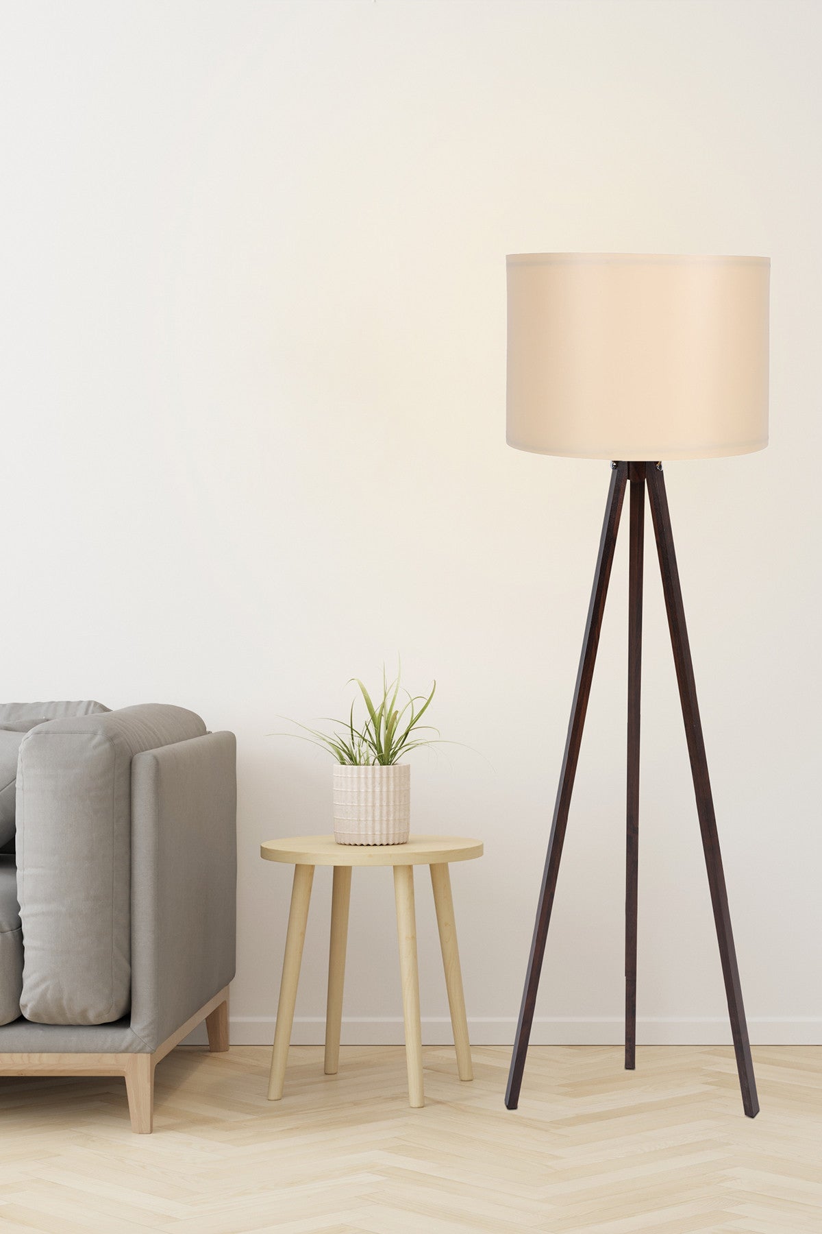 Candeeiro de Pé Escandinavo – 145 cm de Altura – Creme e Nogueira – MDF