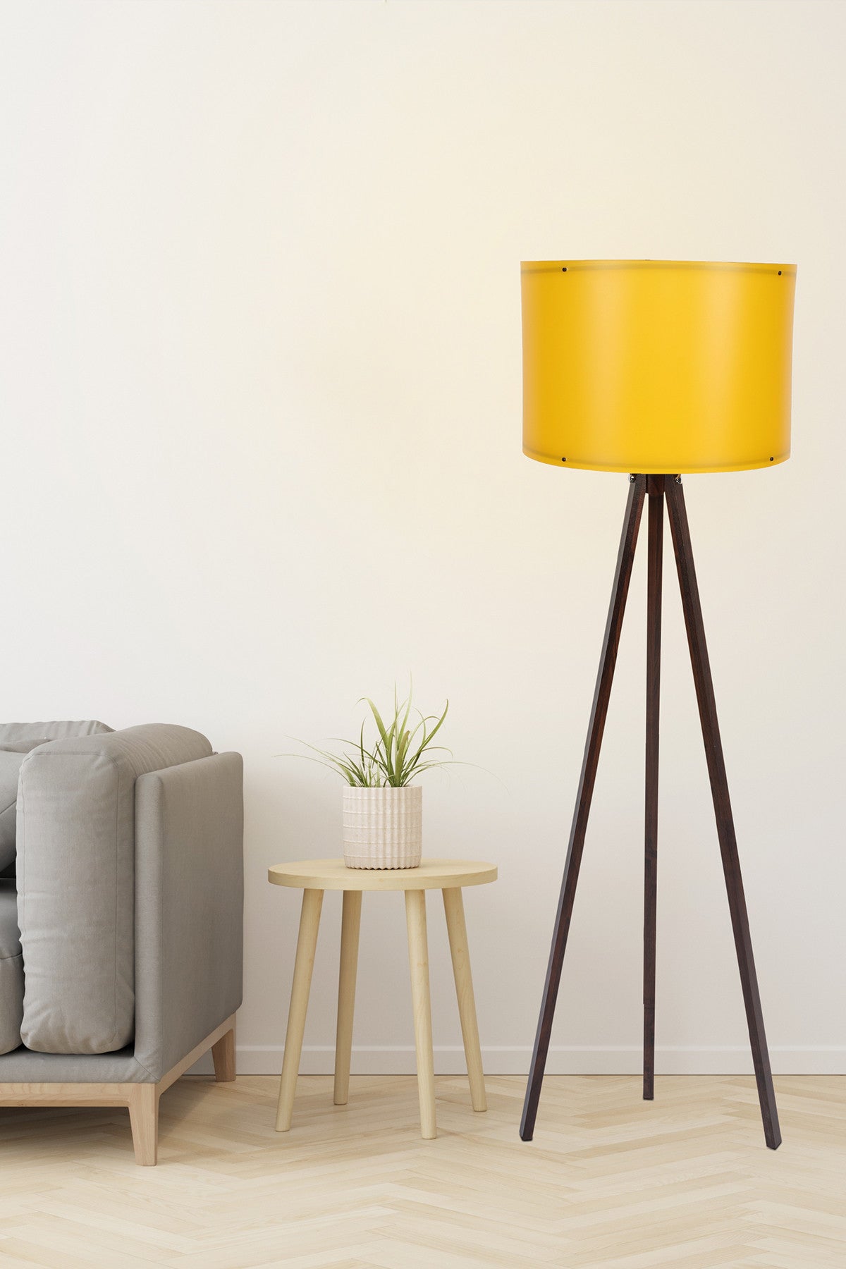 Candeeiro de Pé Escandinavo – 145 cm de Altura – Amarelo e Nogueira – MDF