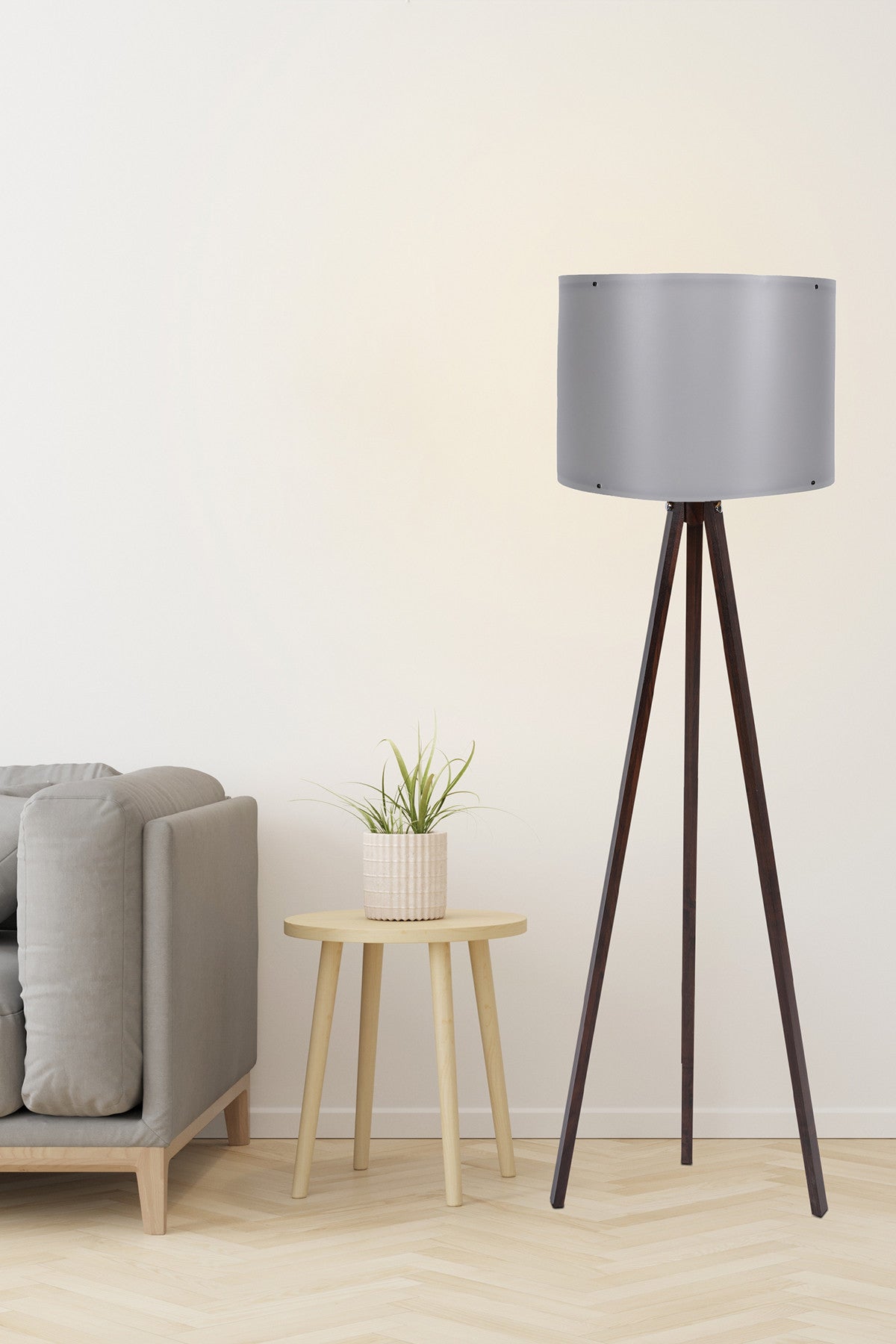 Candeeiro de Pé Escandinavo – 145 cm de Altura – Cinza e Nogueira – MDF e Polipropileno