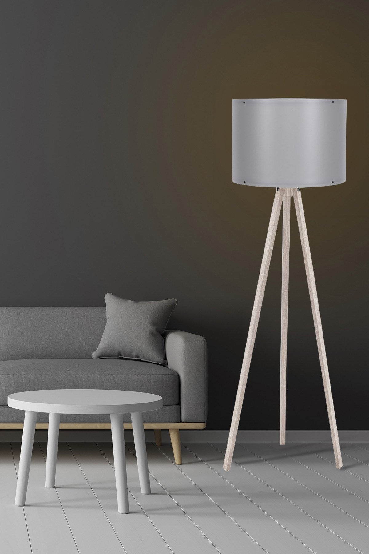 Candeeiro de Pé Escandinavo – 145 cm de Altura – Creme e Cinza – MDF e Polipropileno