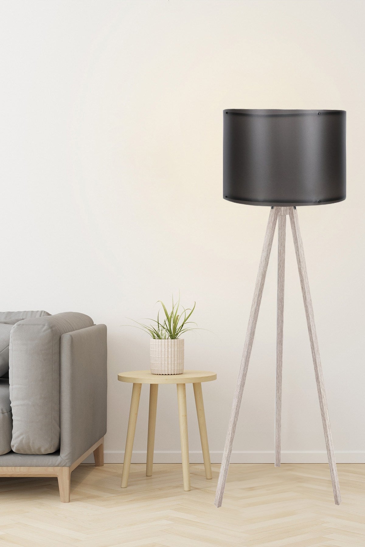 Candeeiro de Pé – 145 cm – Preto e Creme – MDF e Polipropileno