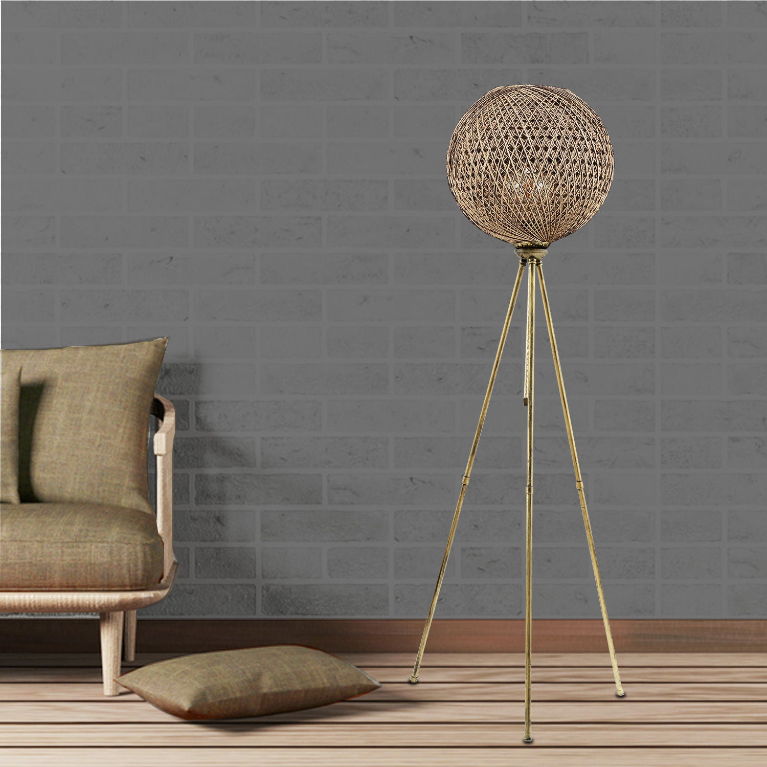 Candeeiro de Pé – 138 cm – Preto e dourado – Metal e juta
