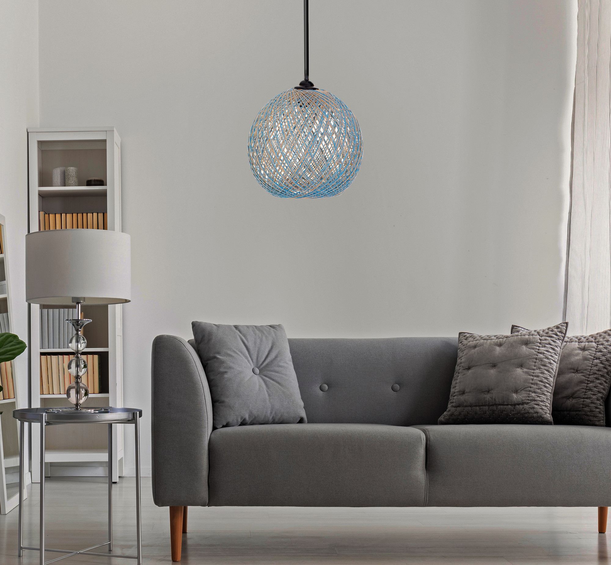 Candeeiro de Teto – 55 cm – Azul e Marrom – Juta