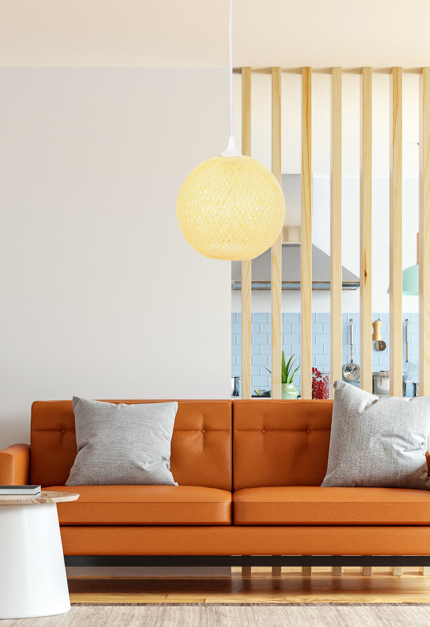 Candeeiro de Teto – 55 cm – Amarelo e Branco – Juta