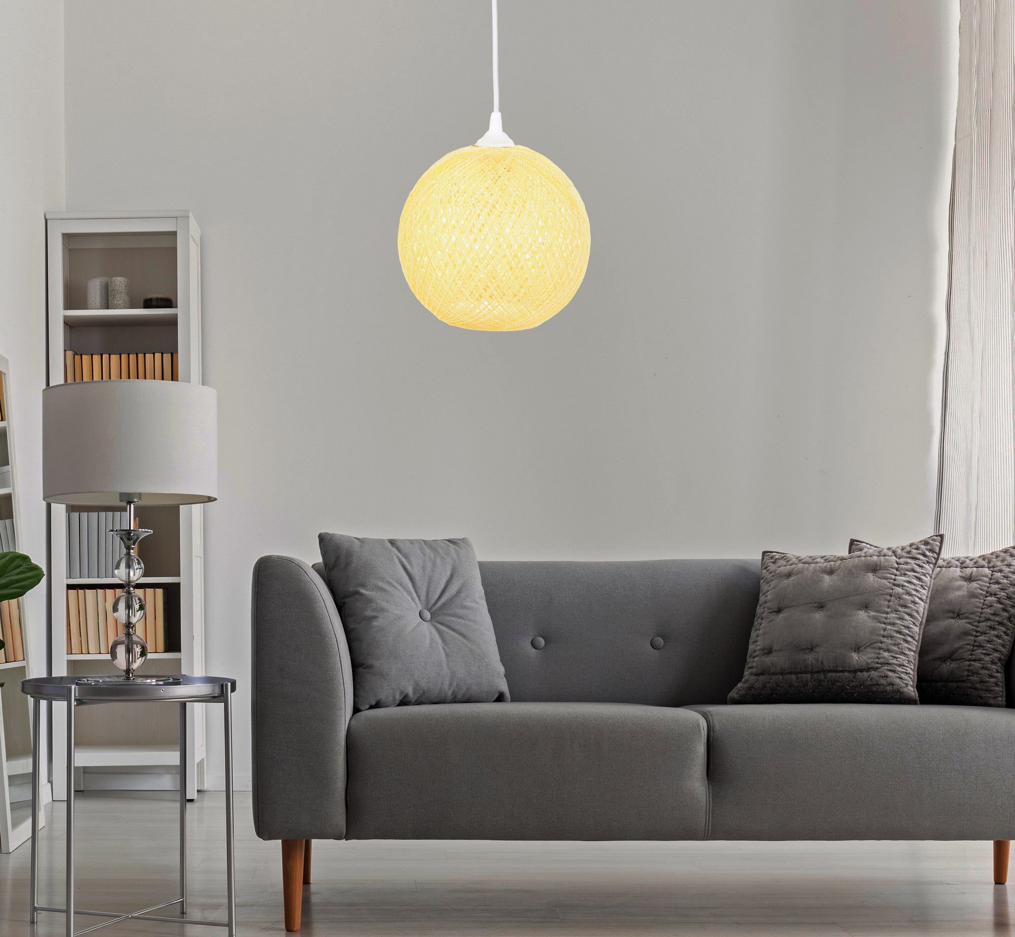 Candeeiro de Teto – 55 cm – Amarelo e Branco – Juta