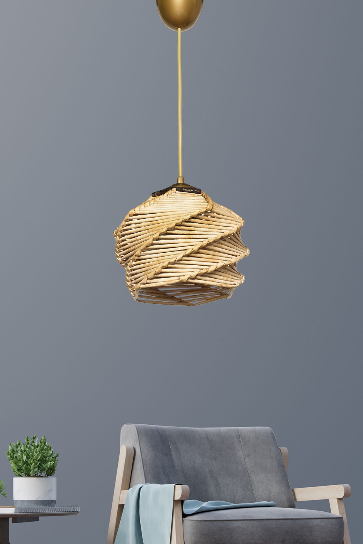 Candeeiro de Teto – 75 cm de altura – Dourado e Bege – Madeira e bambu sintético