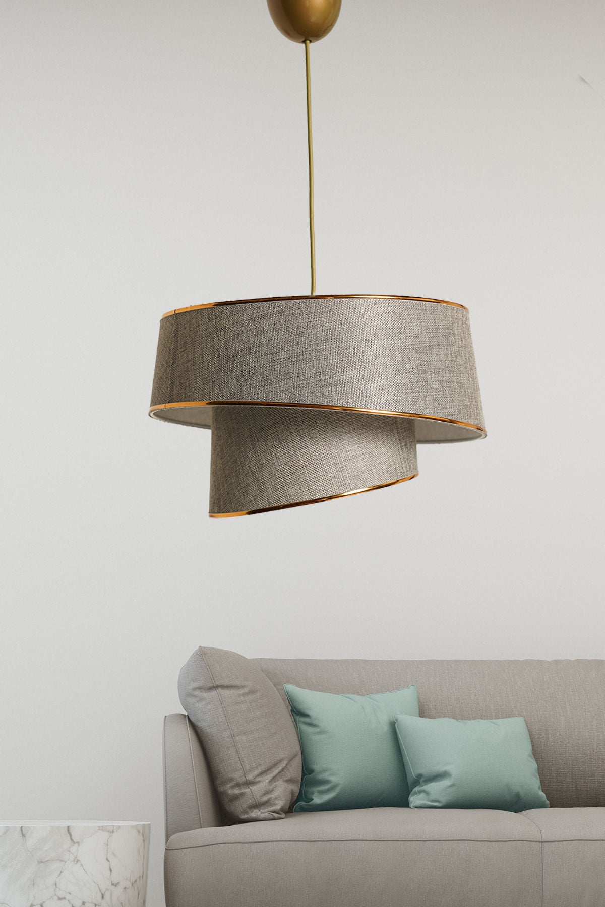 Candeeiro de Teto – 32x32 cm – Bege e Dourado – Metal e Tecido