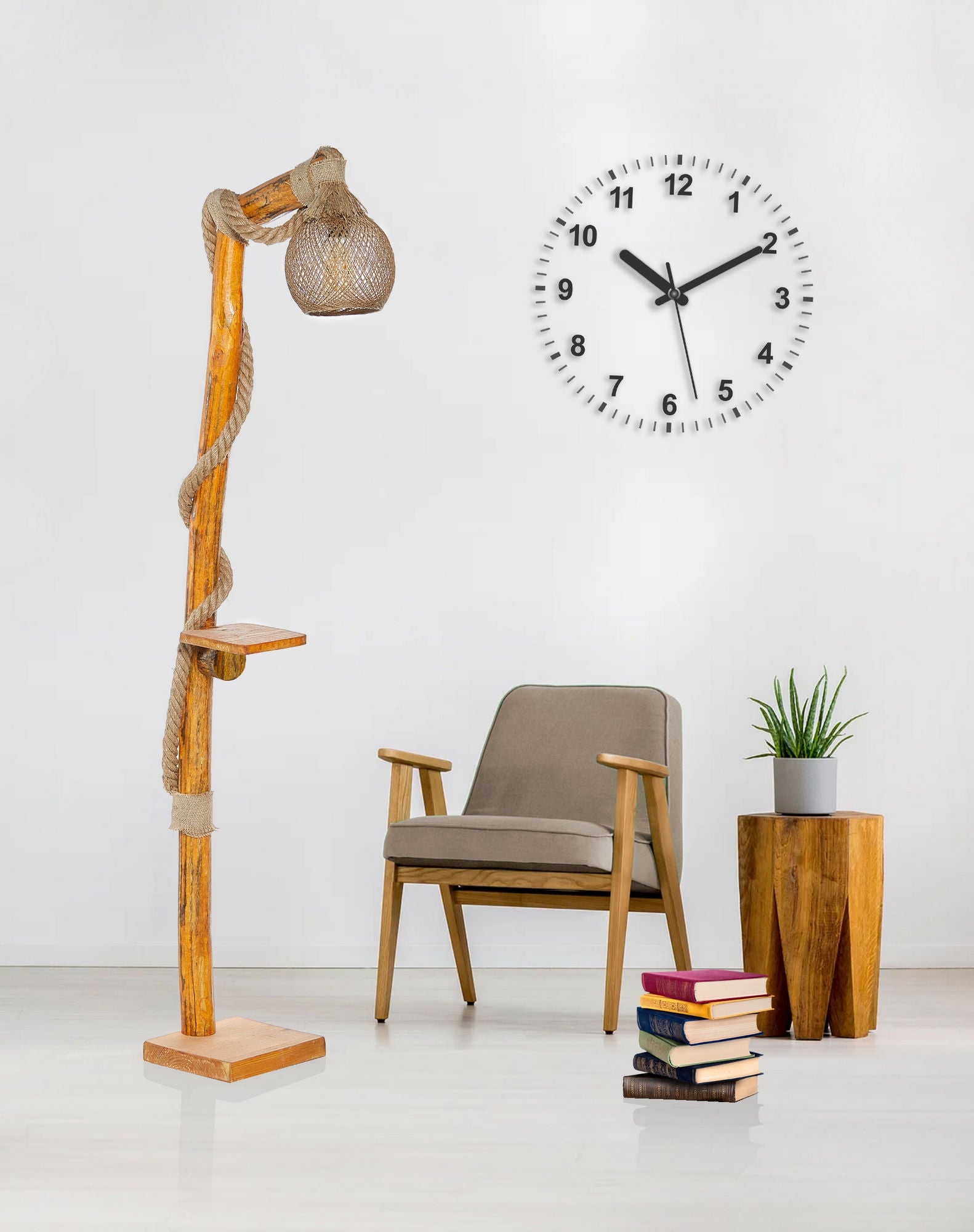 Candeeiro de Pé Rústico de Madeira – 140 cm – Natural – Madeira e Juta