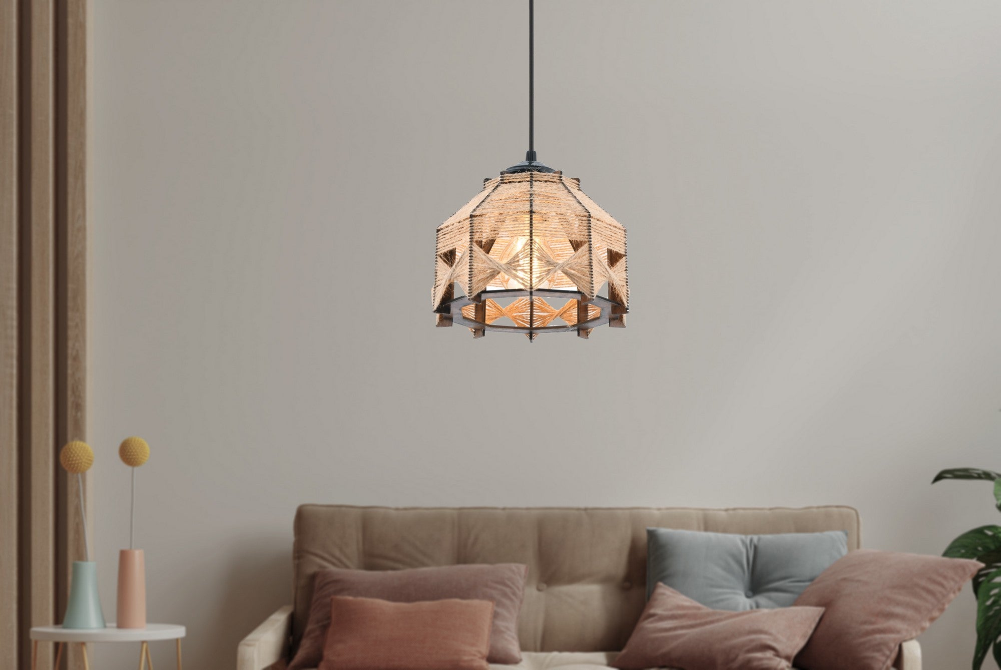 Candeeiro de Teto – 60 cm – Camelo – Madeira e Juta