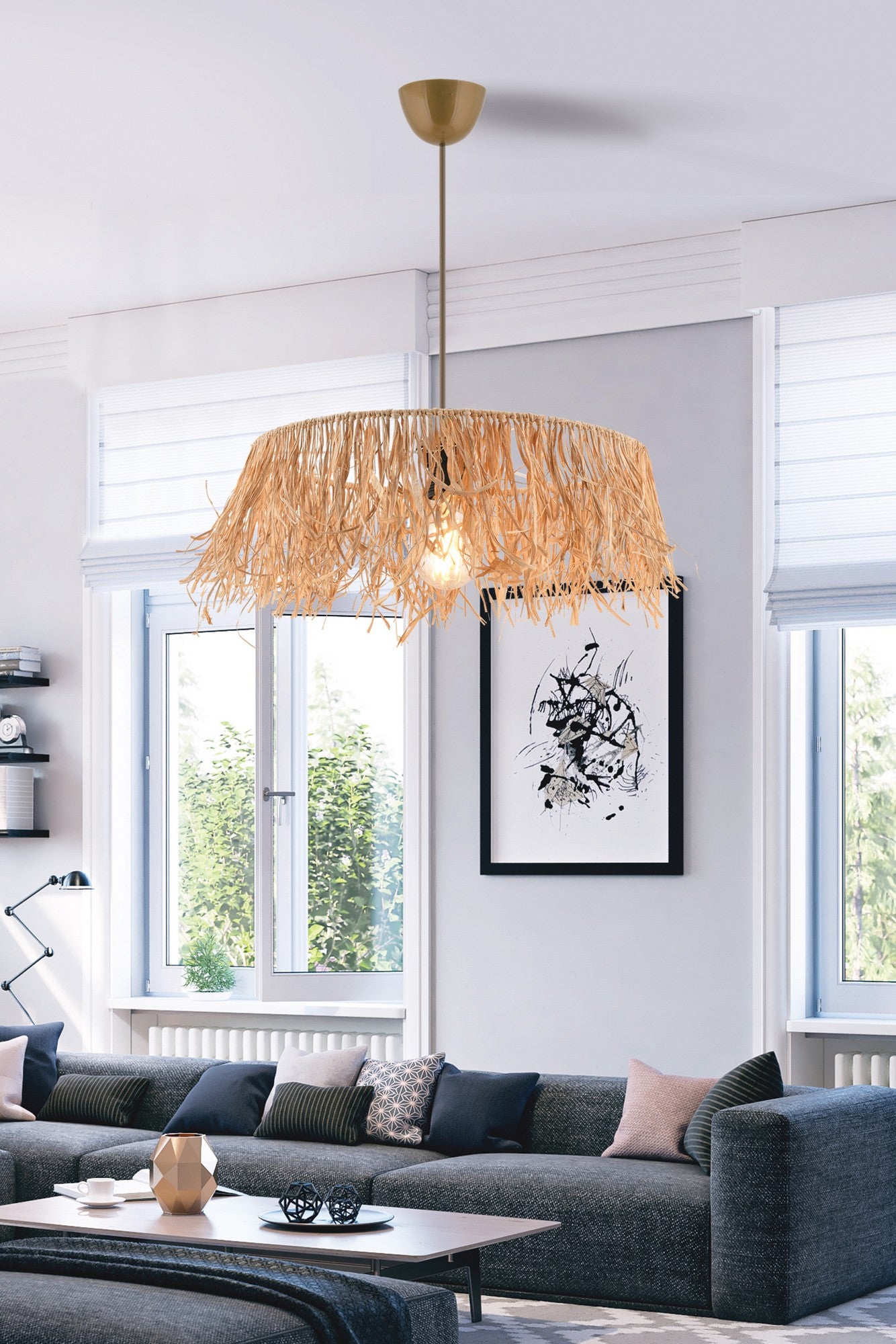 Candeeiro de Teto – 60 cm – Natural – Metal e Ráfia