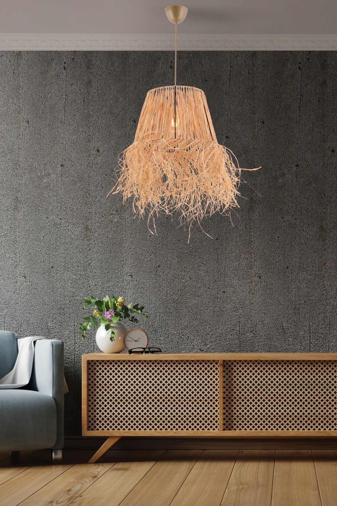 Candeeiro de Teto – 30 x 20 cm – Natural – Metal e Ráfia