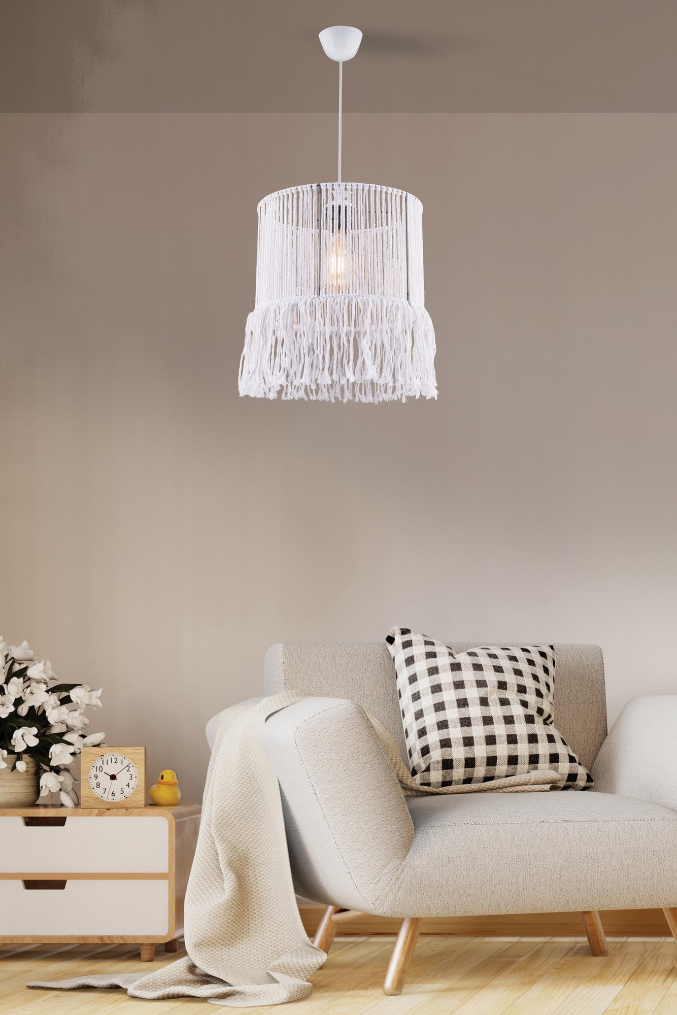 Candeeiro de Teto – 70 cm – Branco – Metálico com Corda de Macramê