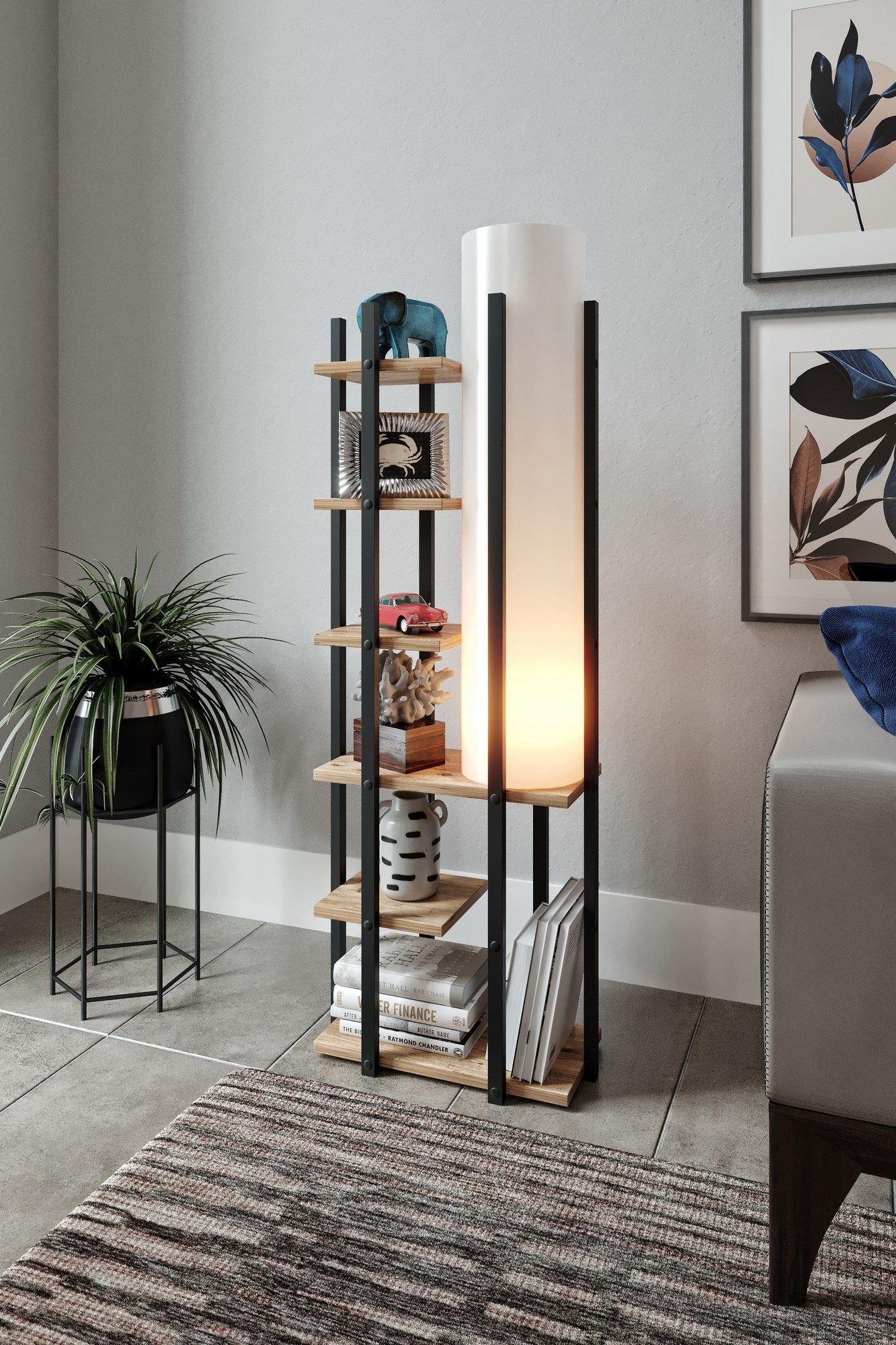 Candeeiro de Pé – 135 cm – Preto, Branco, Natural – Aglomerado, MDF, Tecido