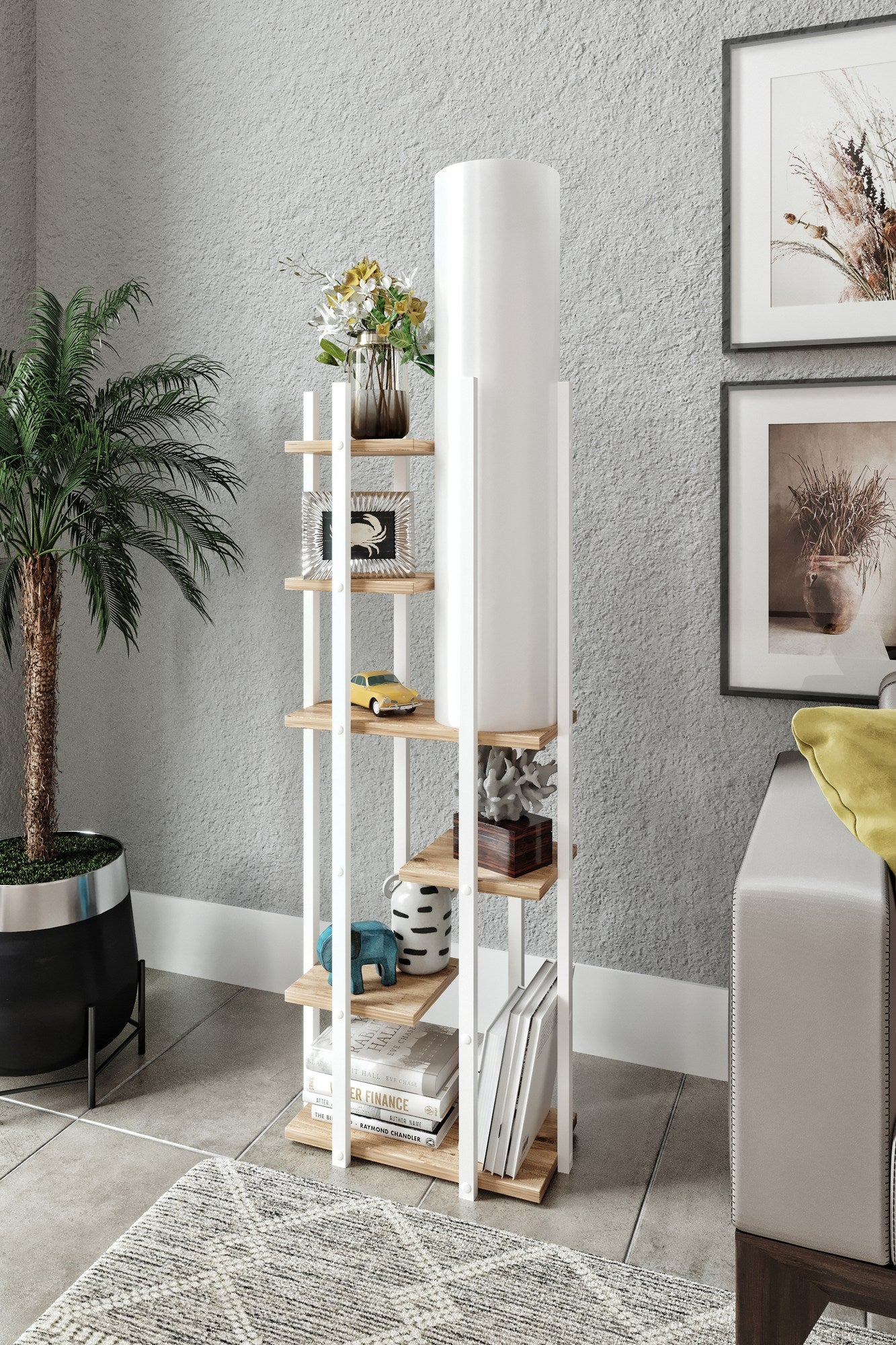 Candeeiro de Pé – 160 cm de Altura – Branco e Natural – Aglomerado e MDF