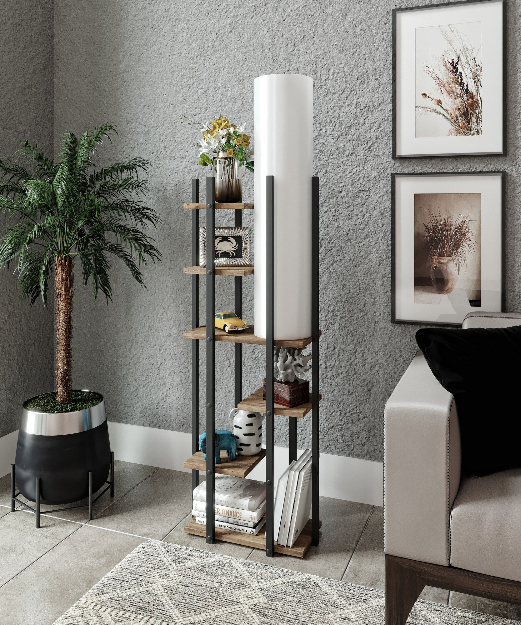 Candeeiro de Pé Elegante – 150 cm de Altura – Preto/Branco/Cores Naturais – Aglomerado