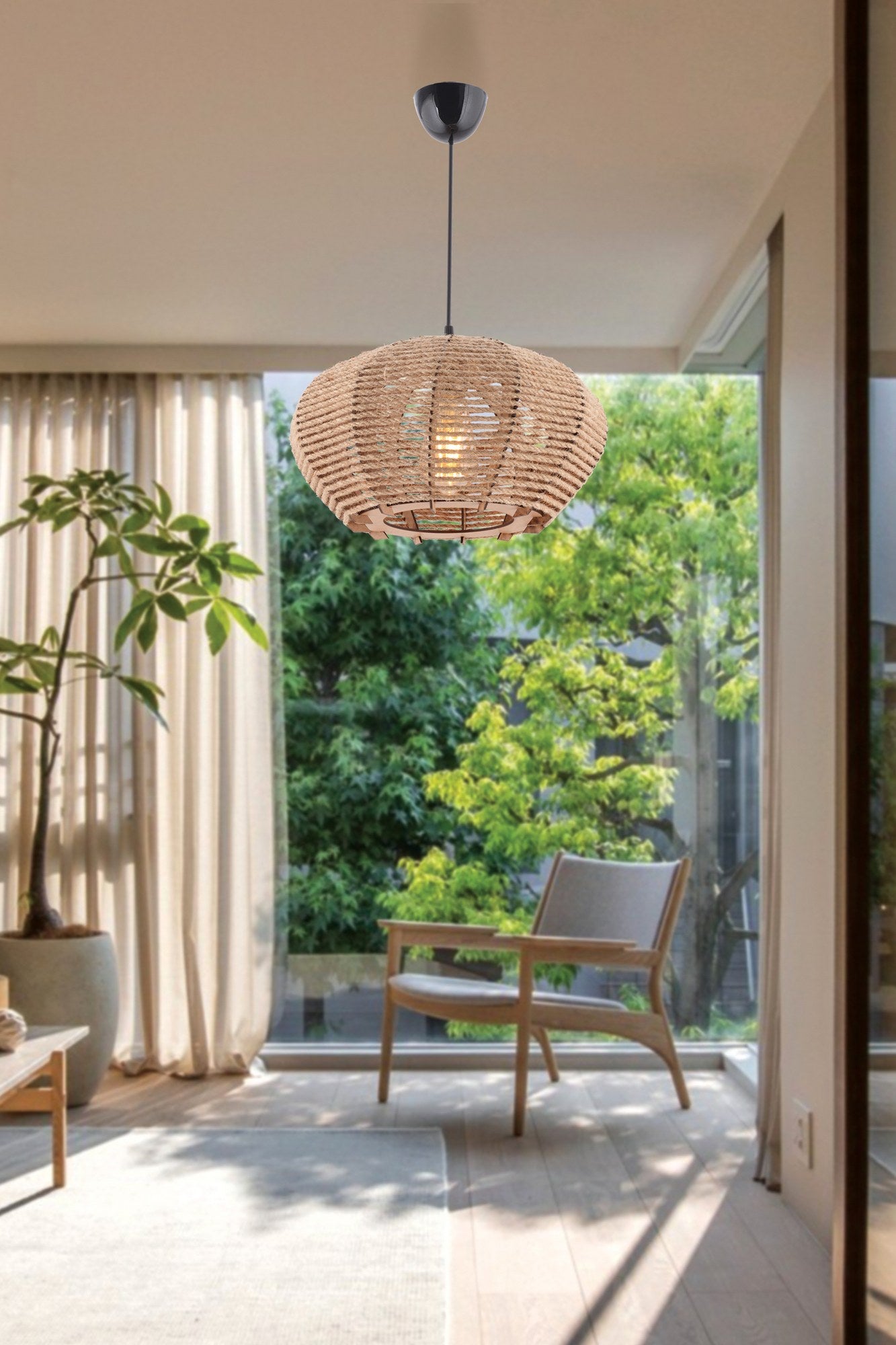 Candeeiro de Teto de madeira – 65 cm de altura – Creme – Madeira e juta