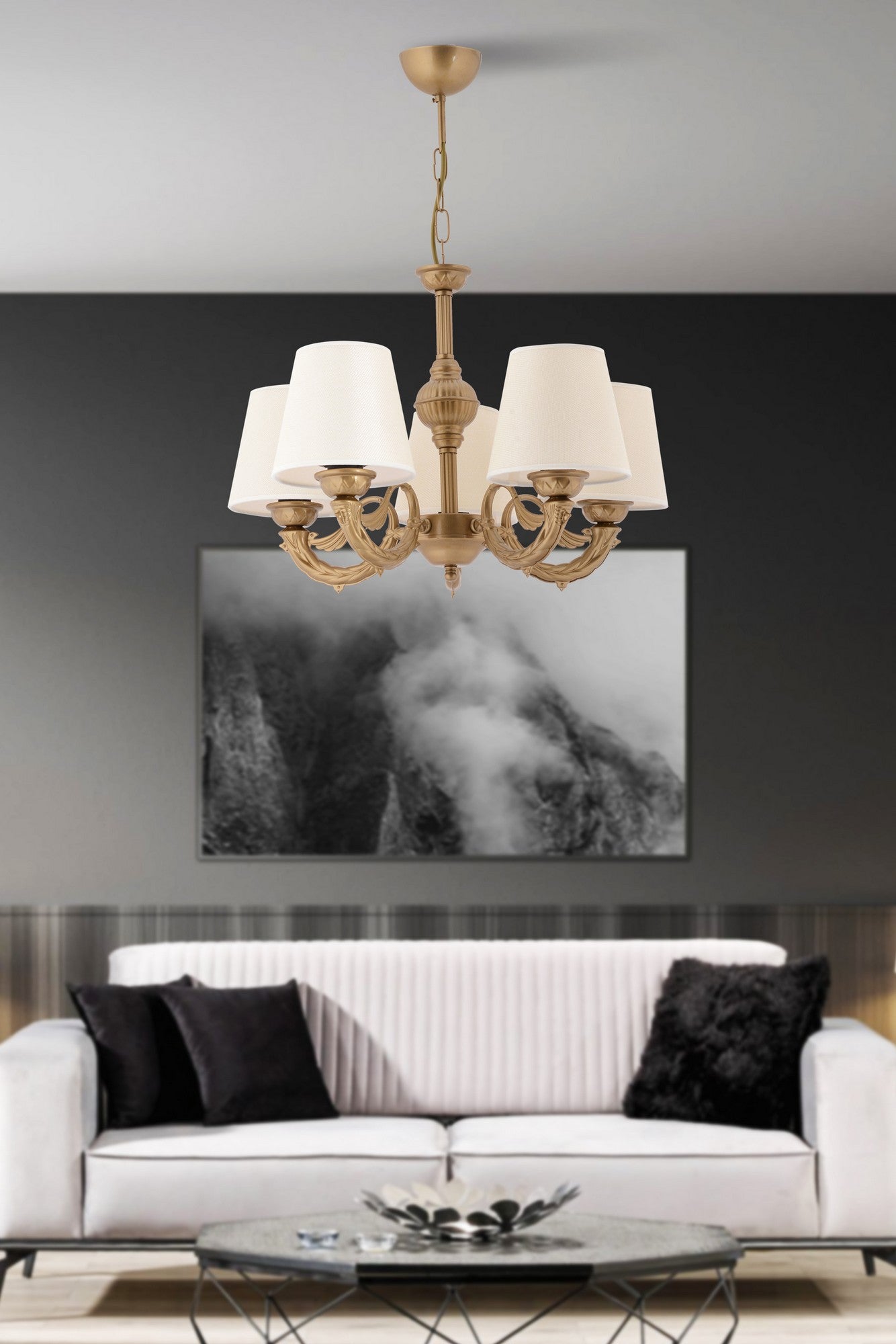 Candeeiro de Teto – 65 cm x 55 cm – Creme e Ouro – Metálico