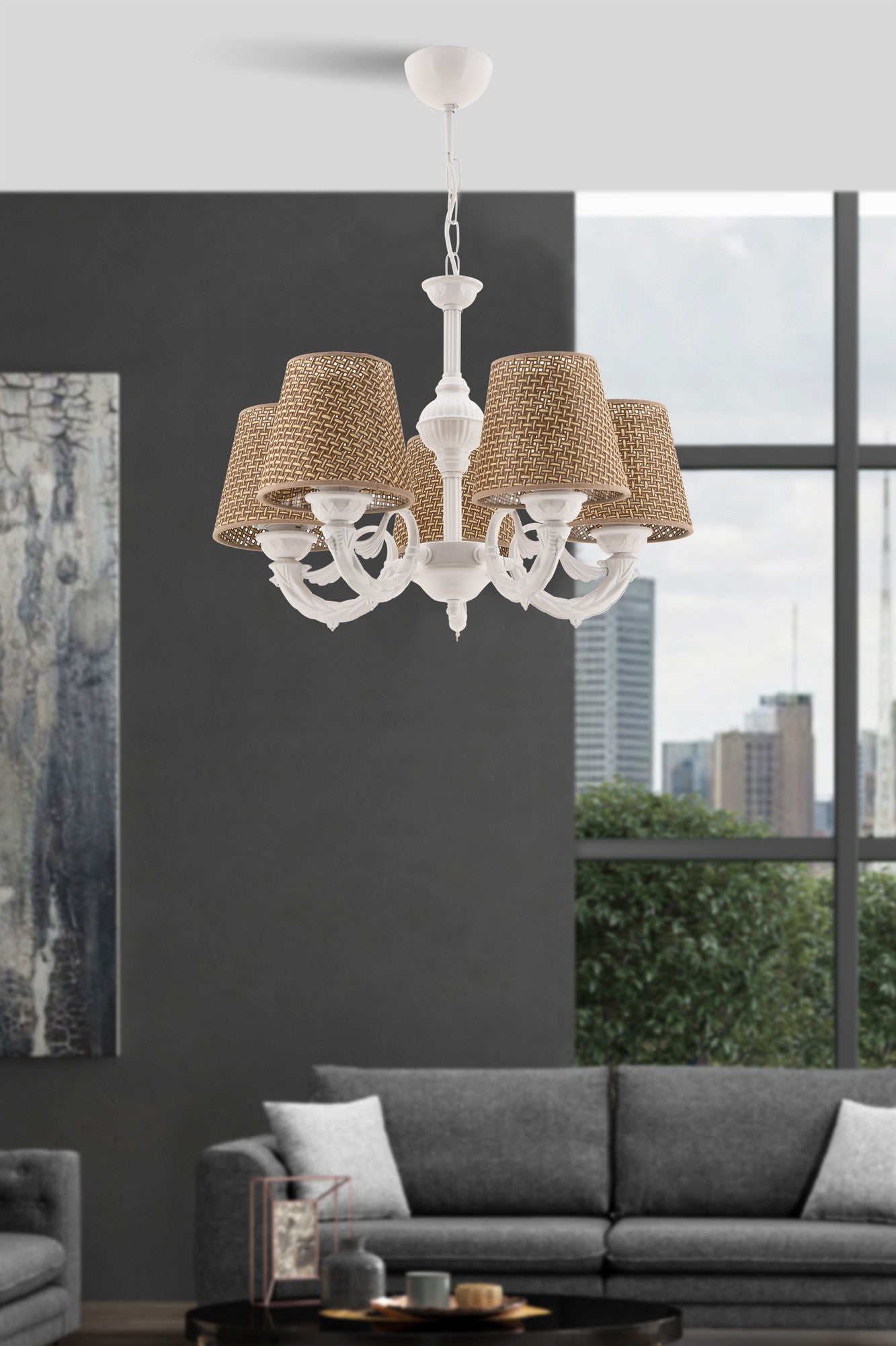 Candeeiro de Teto – 65 cm – Natural e Branco – Metal